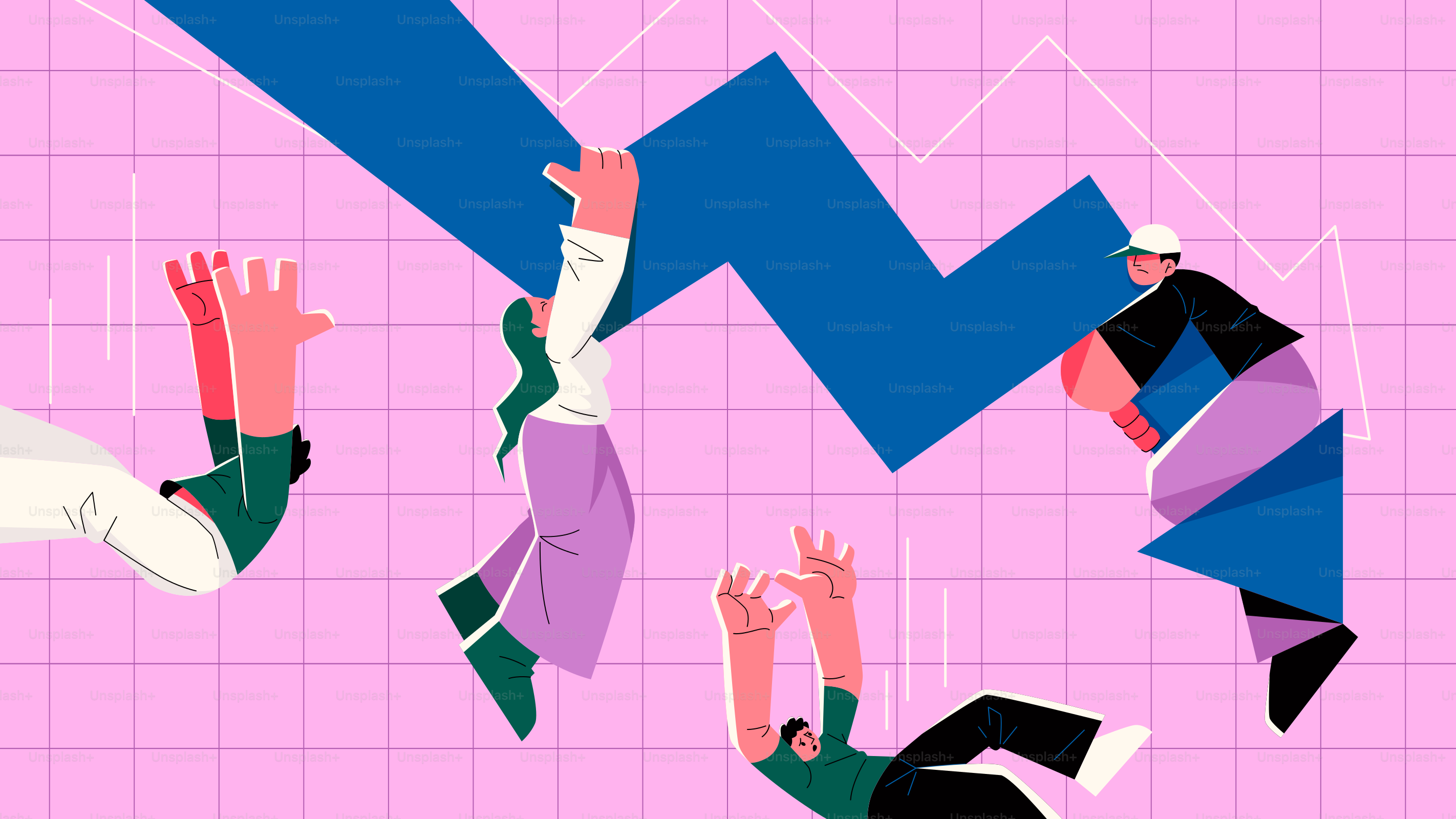 La gente intenta estabilizar un gráfico bursátil a la baja.