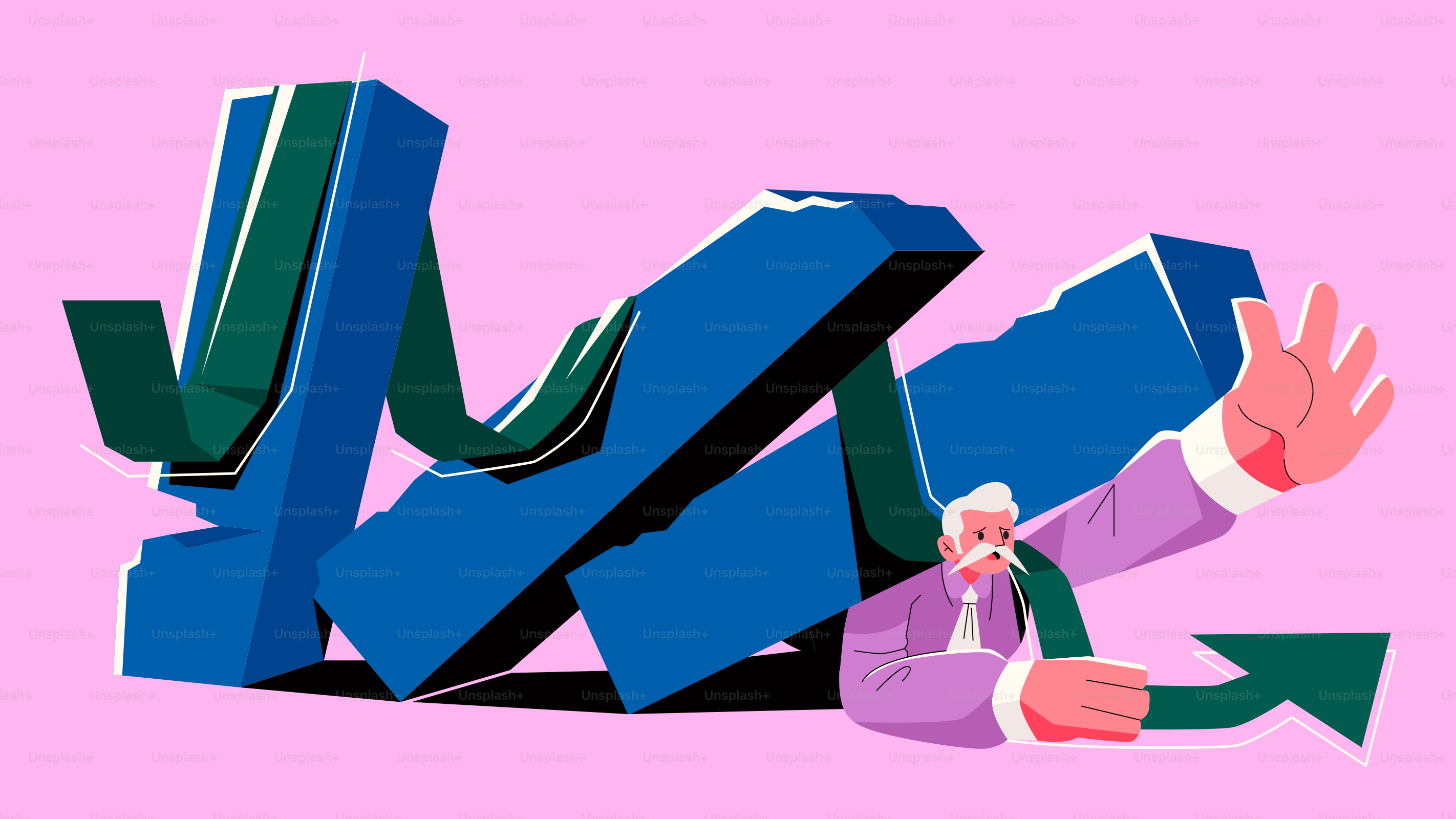 Negocio abajo, hombre tratando de aguantar.