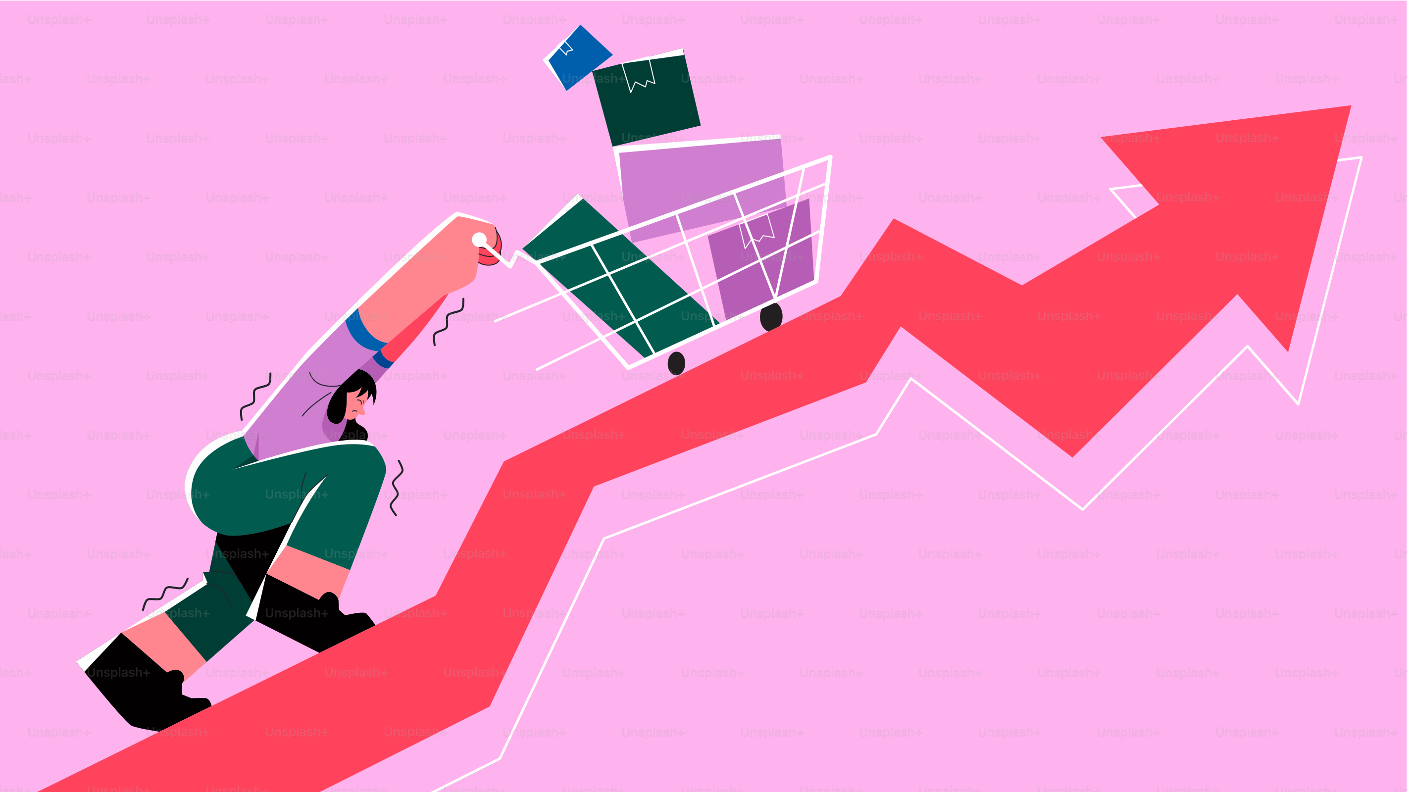 El carrito de compras sube una flecha de tendencia ascendente.