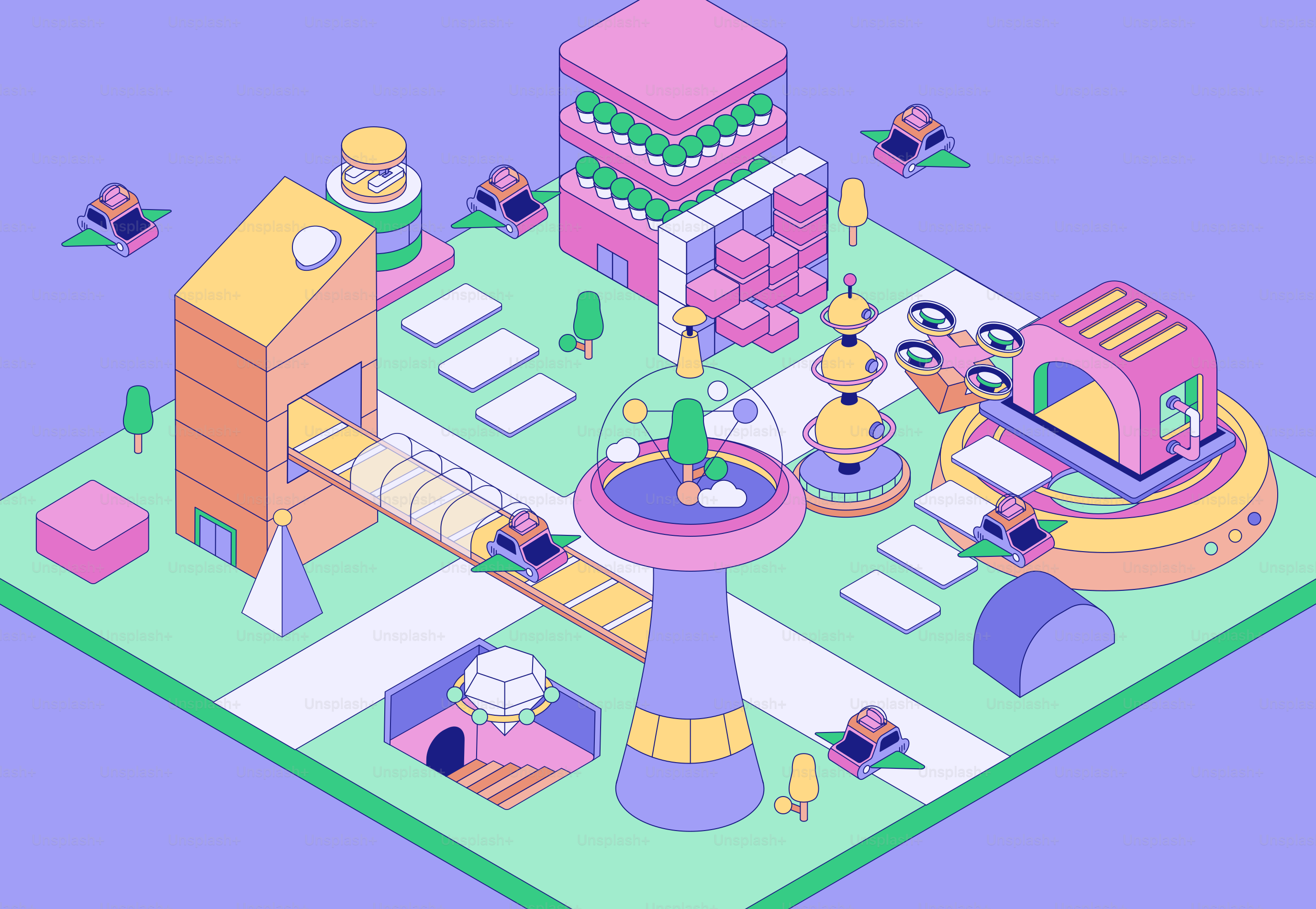 Une ville isométrique colorée à l’architecture unique.