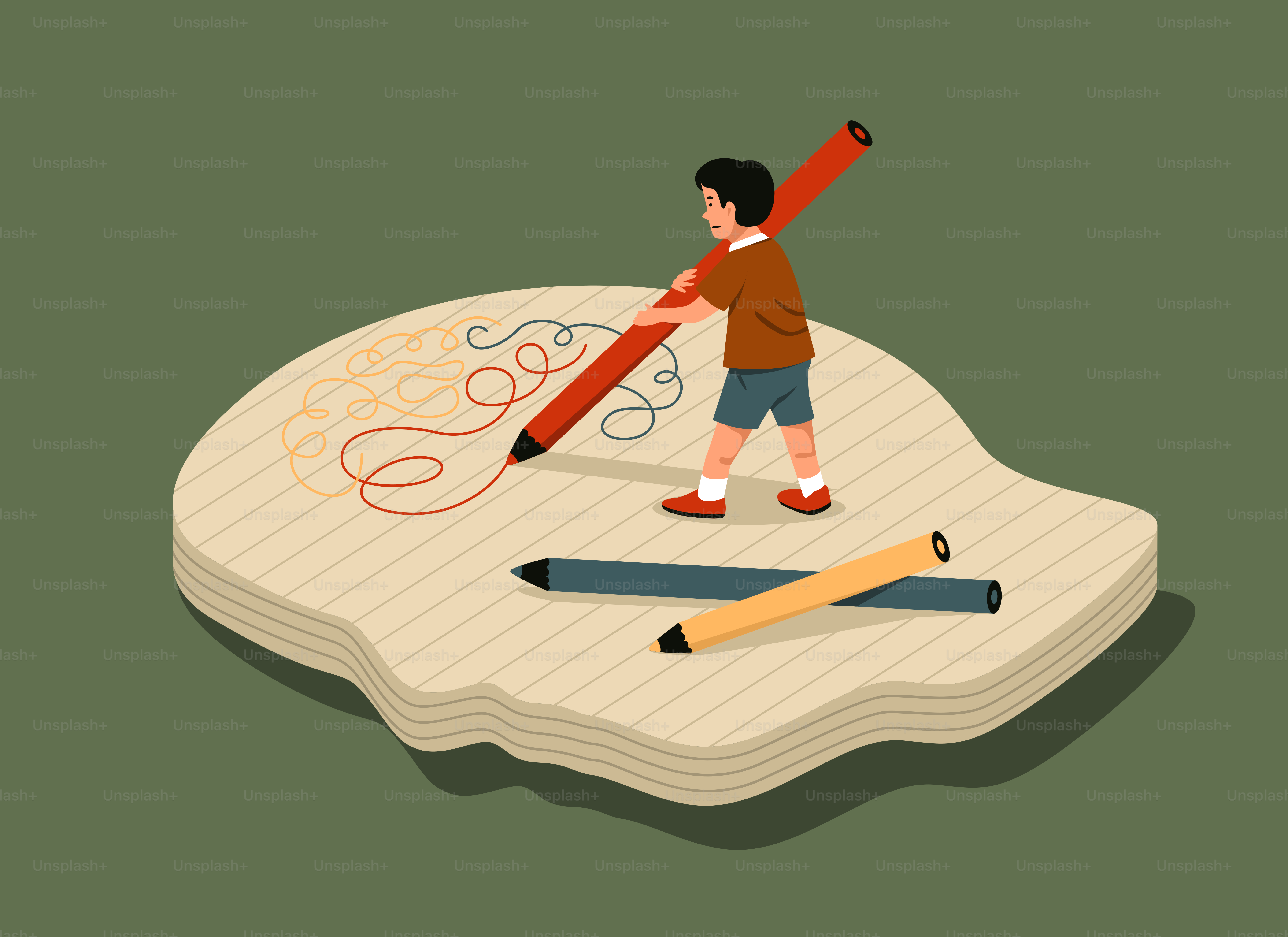 A boy draws with an oversized pencil.