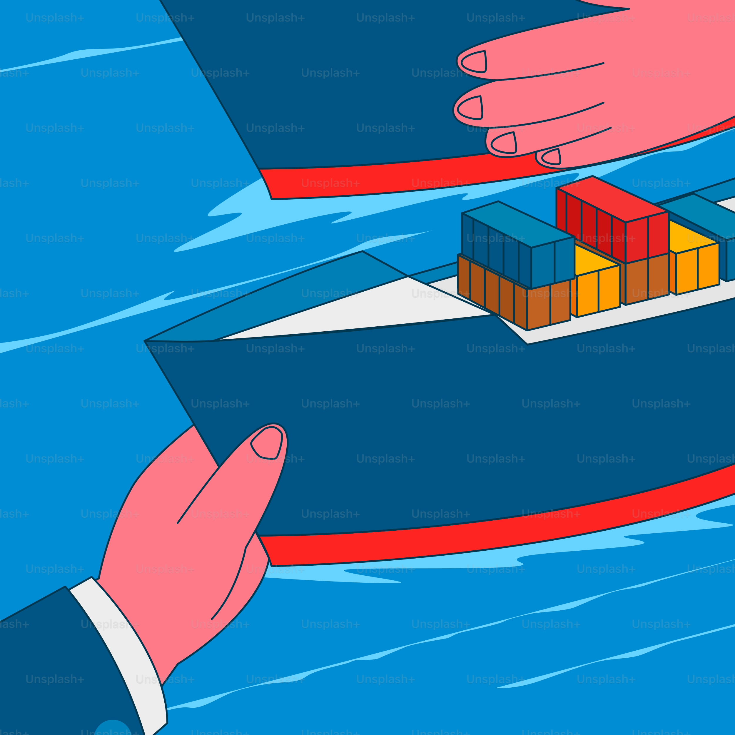 Hands holding and moving a cargo ship.