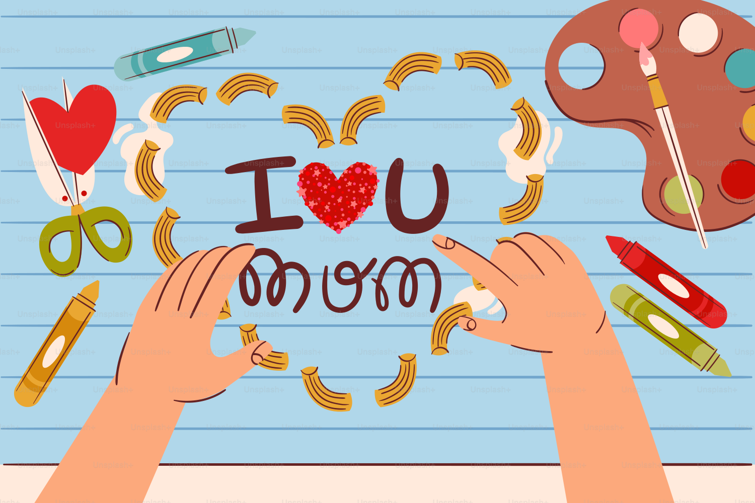 Hands making a macaroni "i love you mom" artwork.