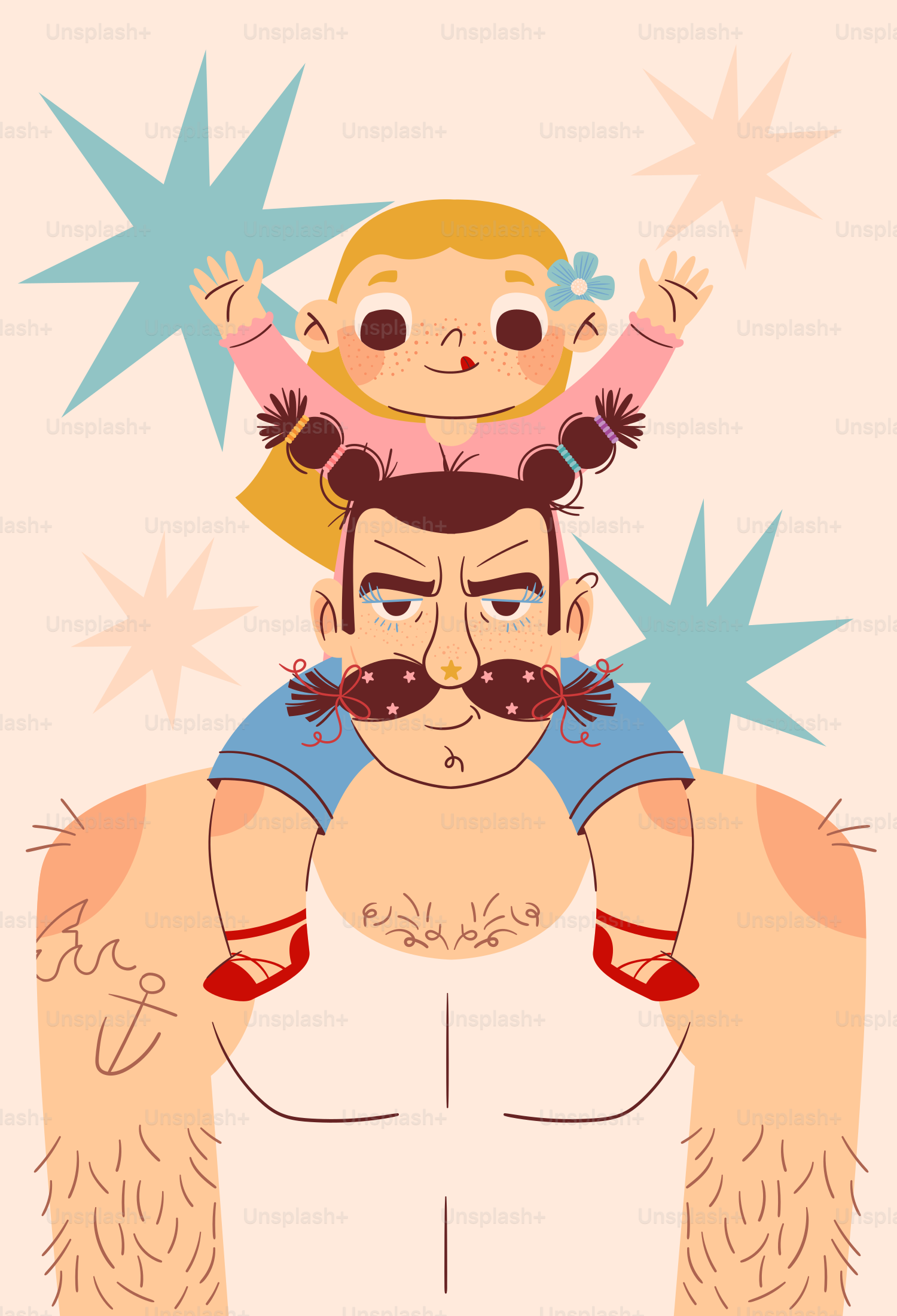 Father gives child a joyful shoulder ride.