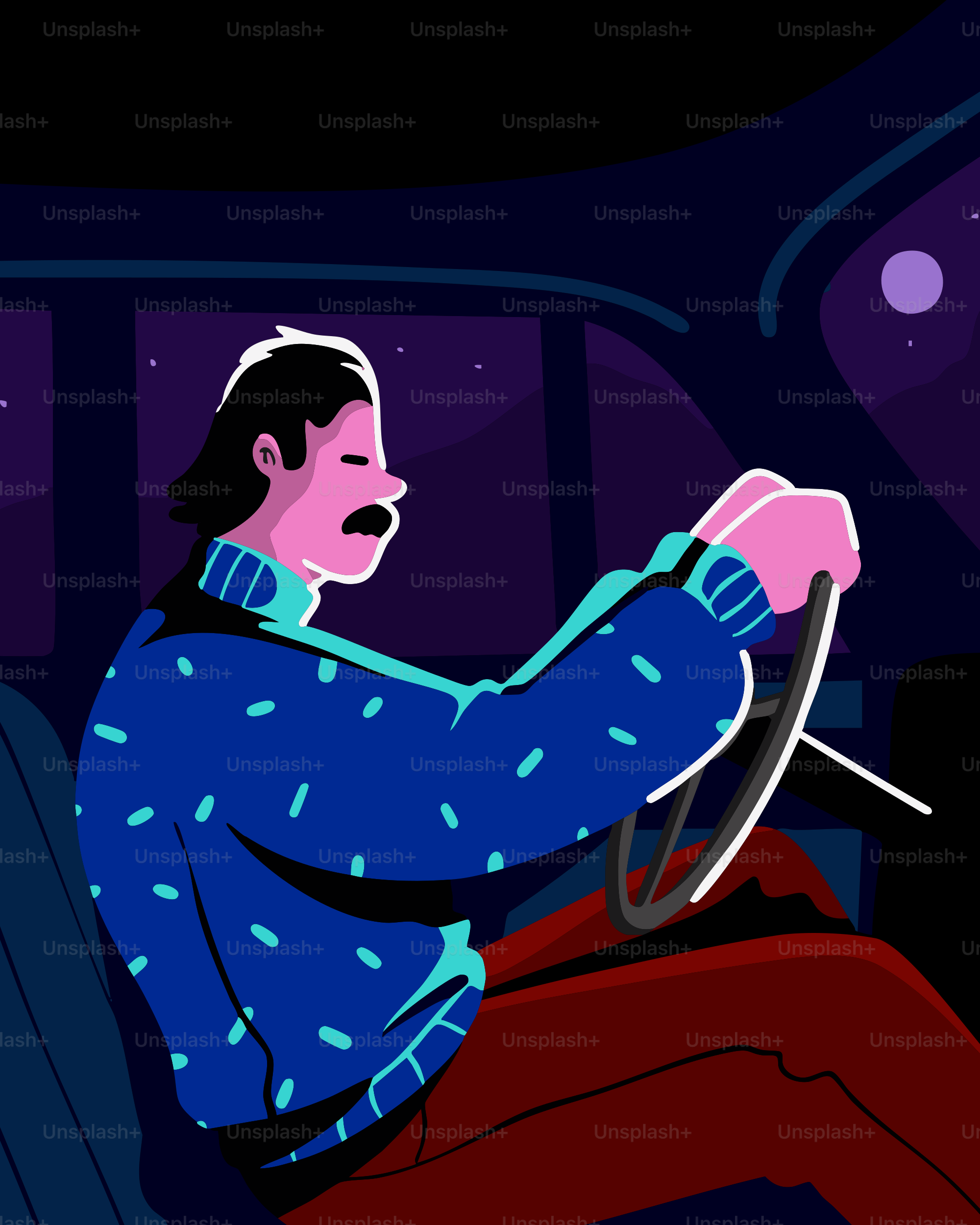 Un homme conduit la nuit sous un ciel étoilé.