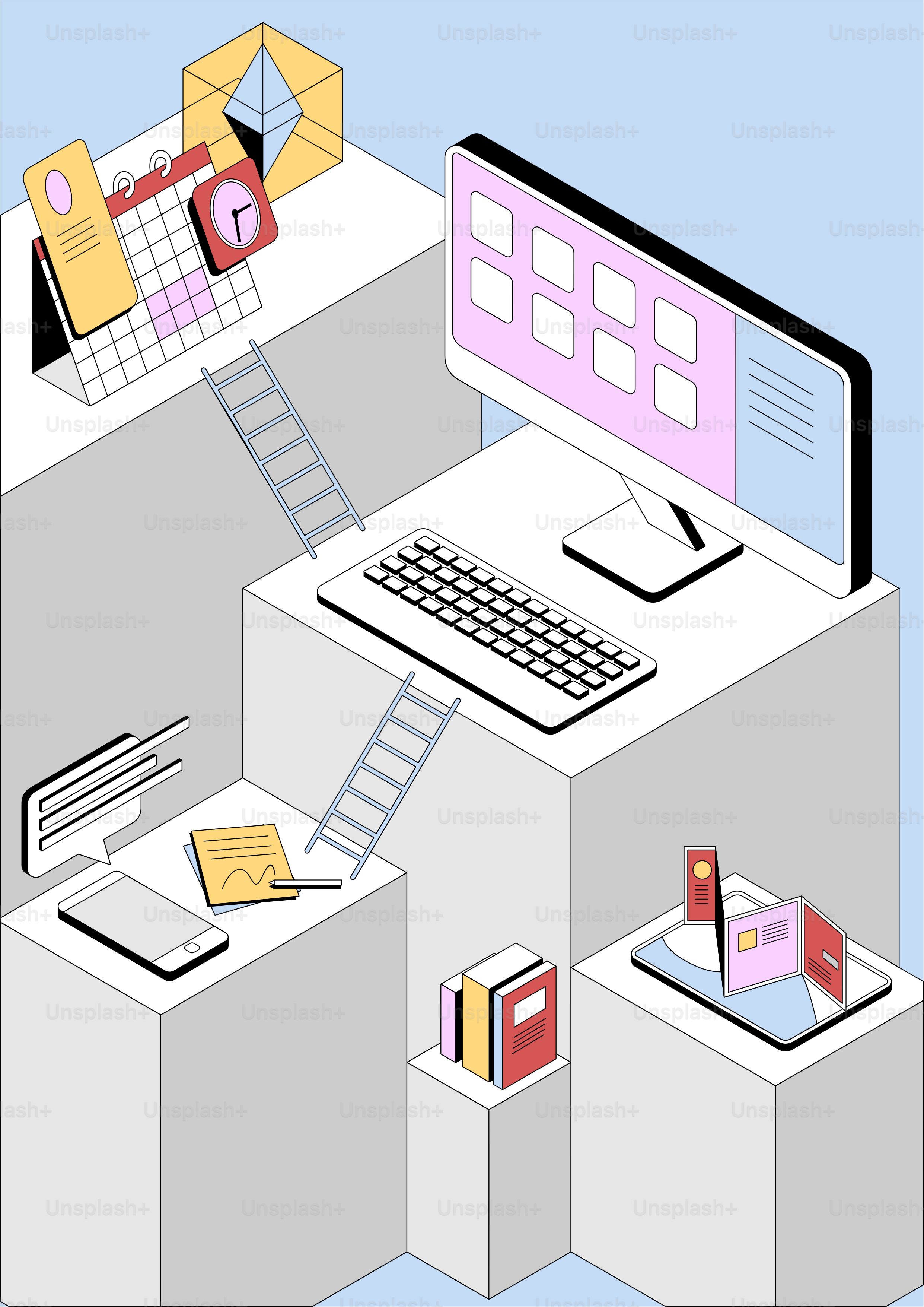 Espacio de trabajo isométrico con ordenador, calendario y libros