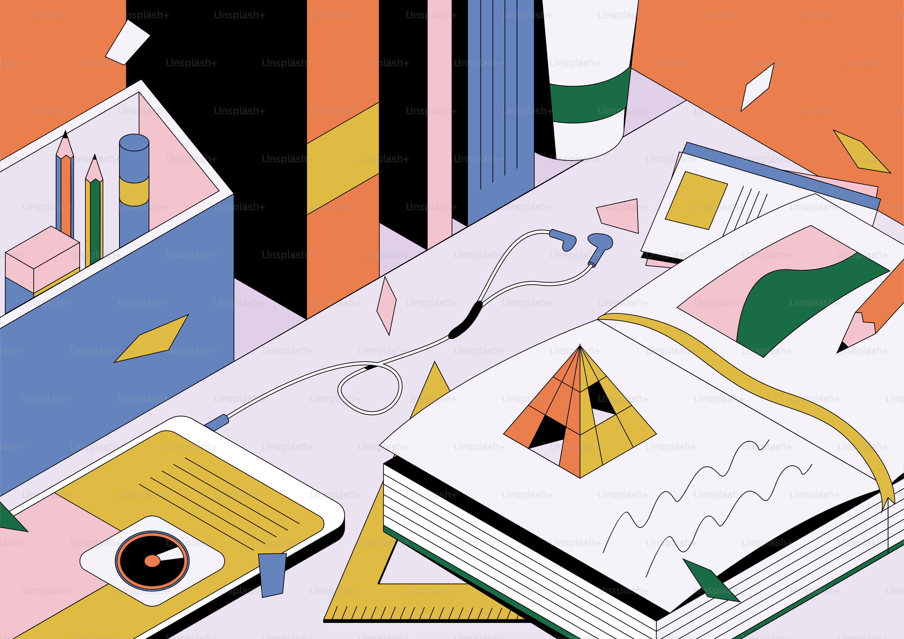 Desk with books, phone, and art supplies