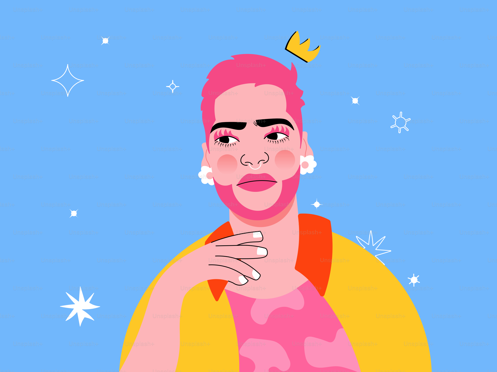 A confident person wears pink and a crown.