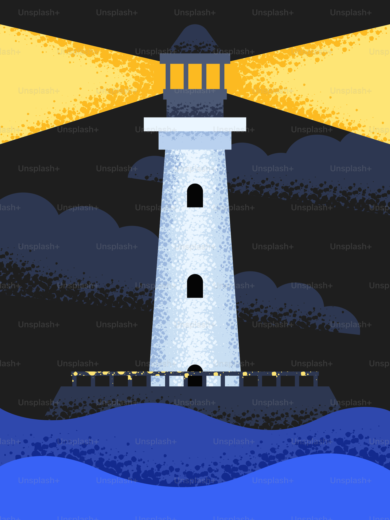A lighthouse shines brightly at night.