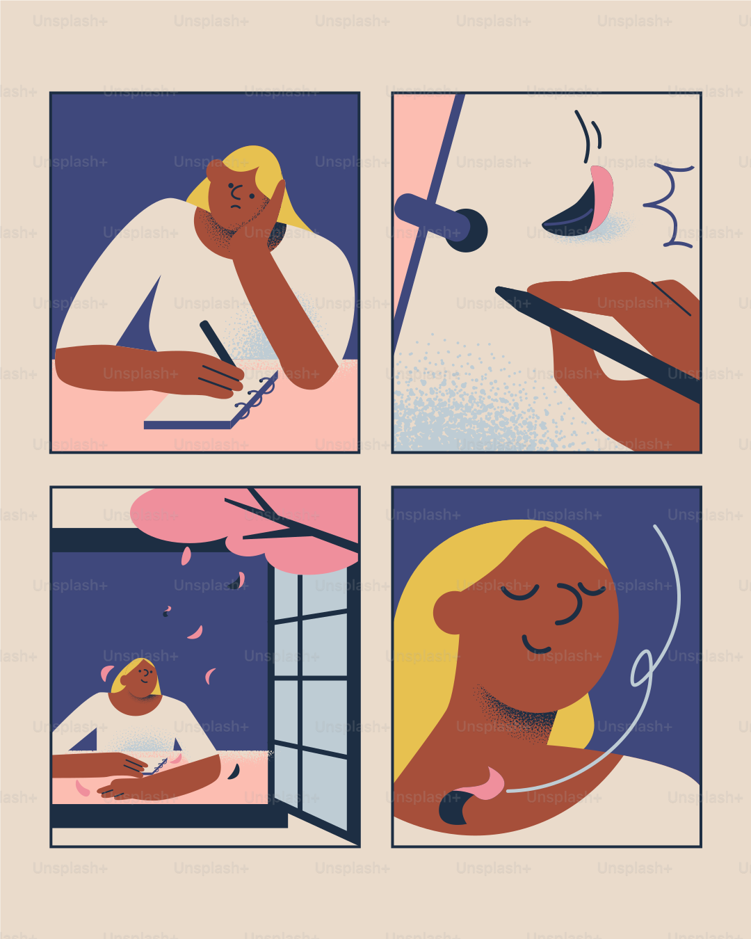 A woman's creative process through four illustrations.