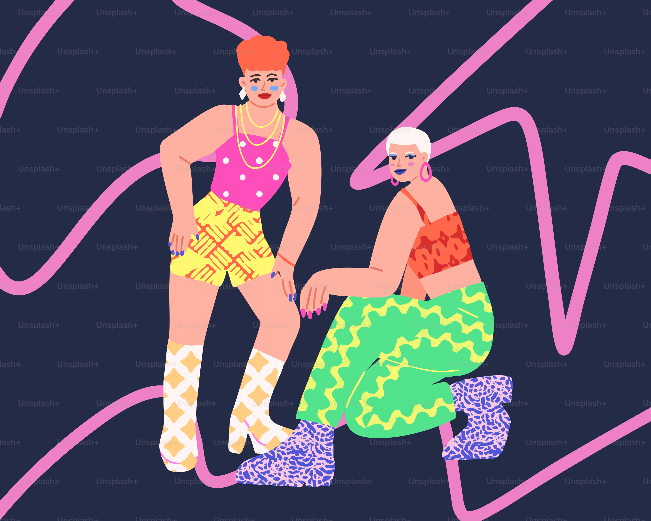 Dos mujeres llevan atuendos vibrantes y coloridos.
