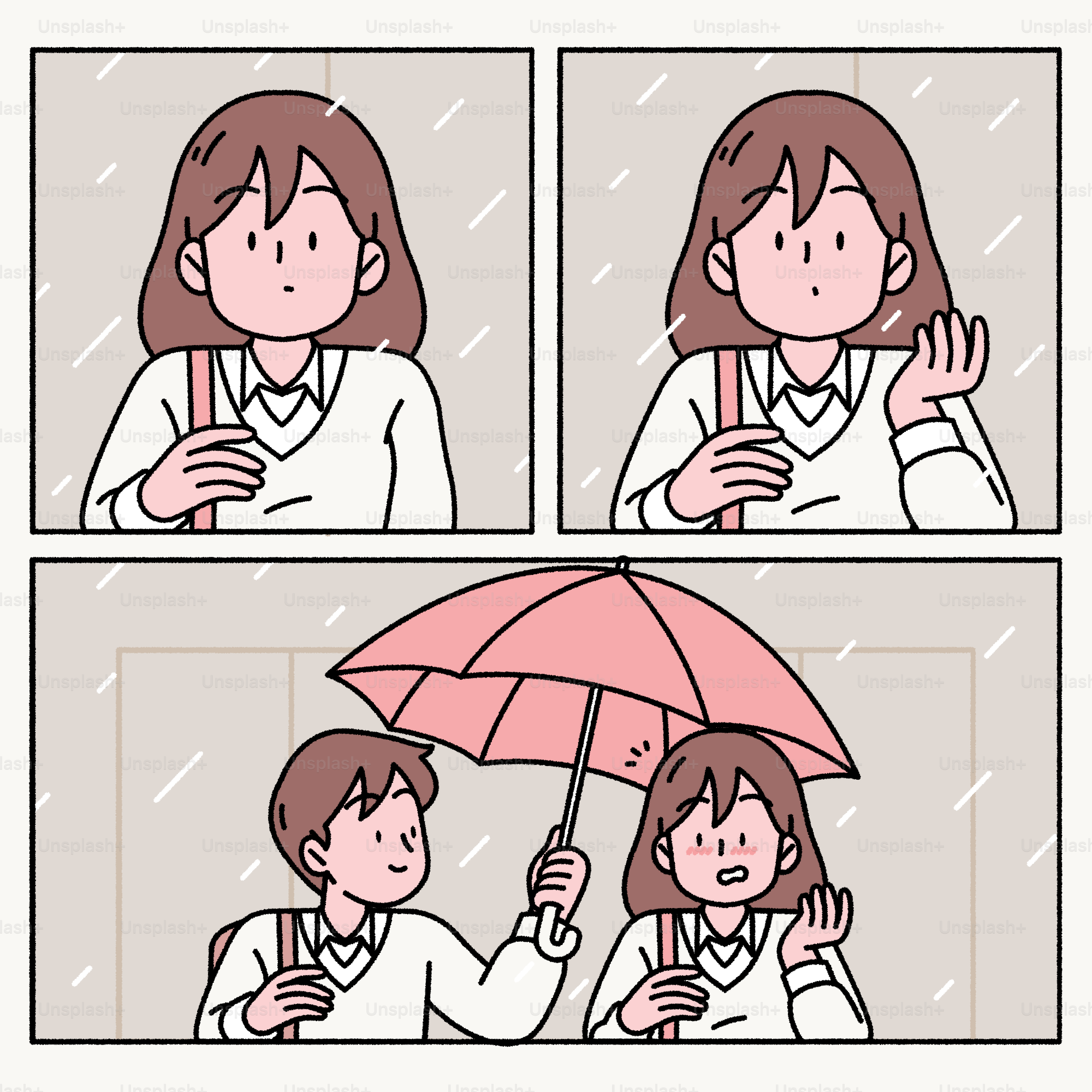 A boy offers a girl shelter from the rain.