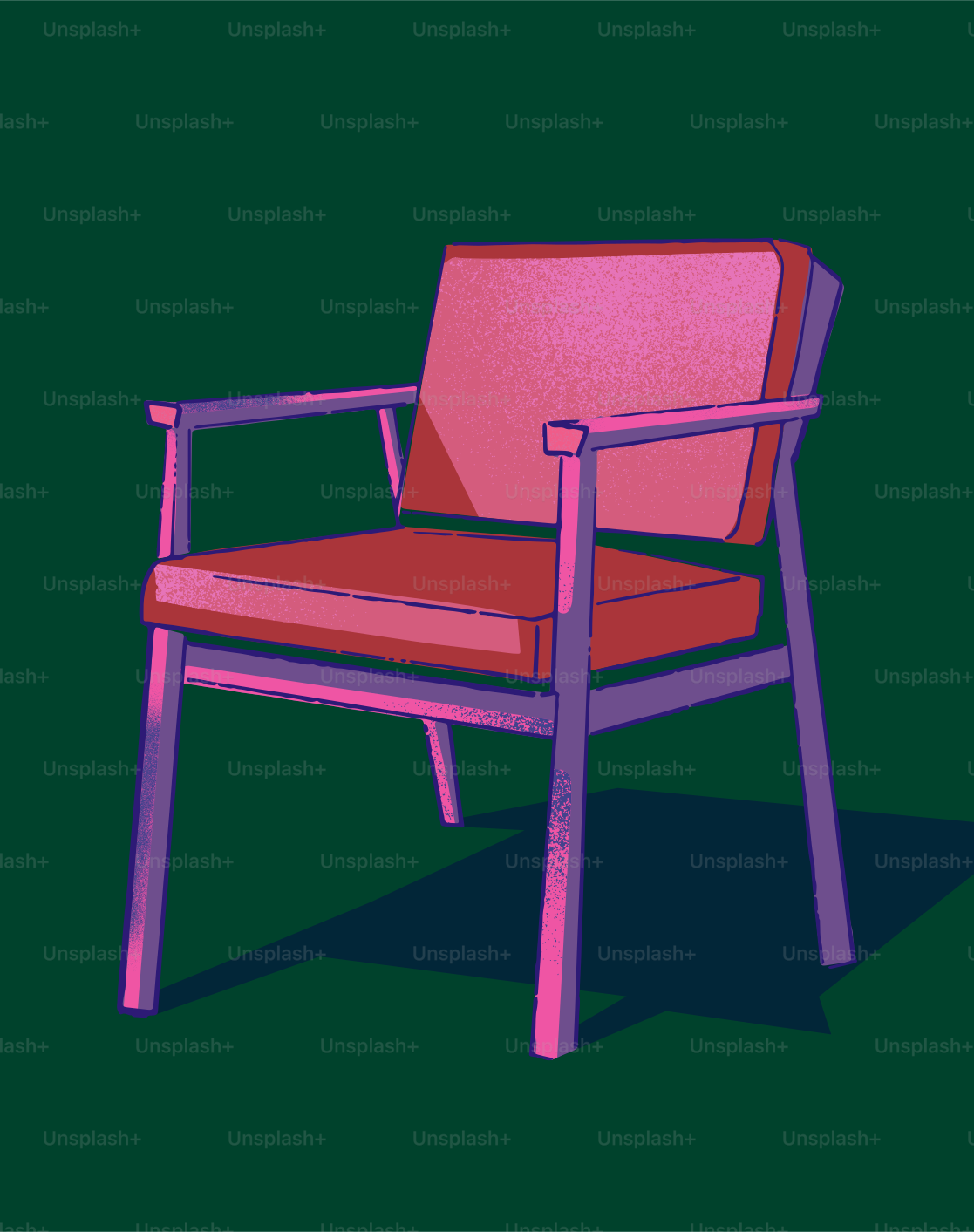 Ein rosa Stuhl steht vor einem dunkelgrünen Hintergrund.