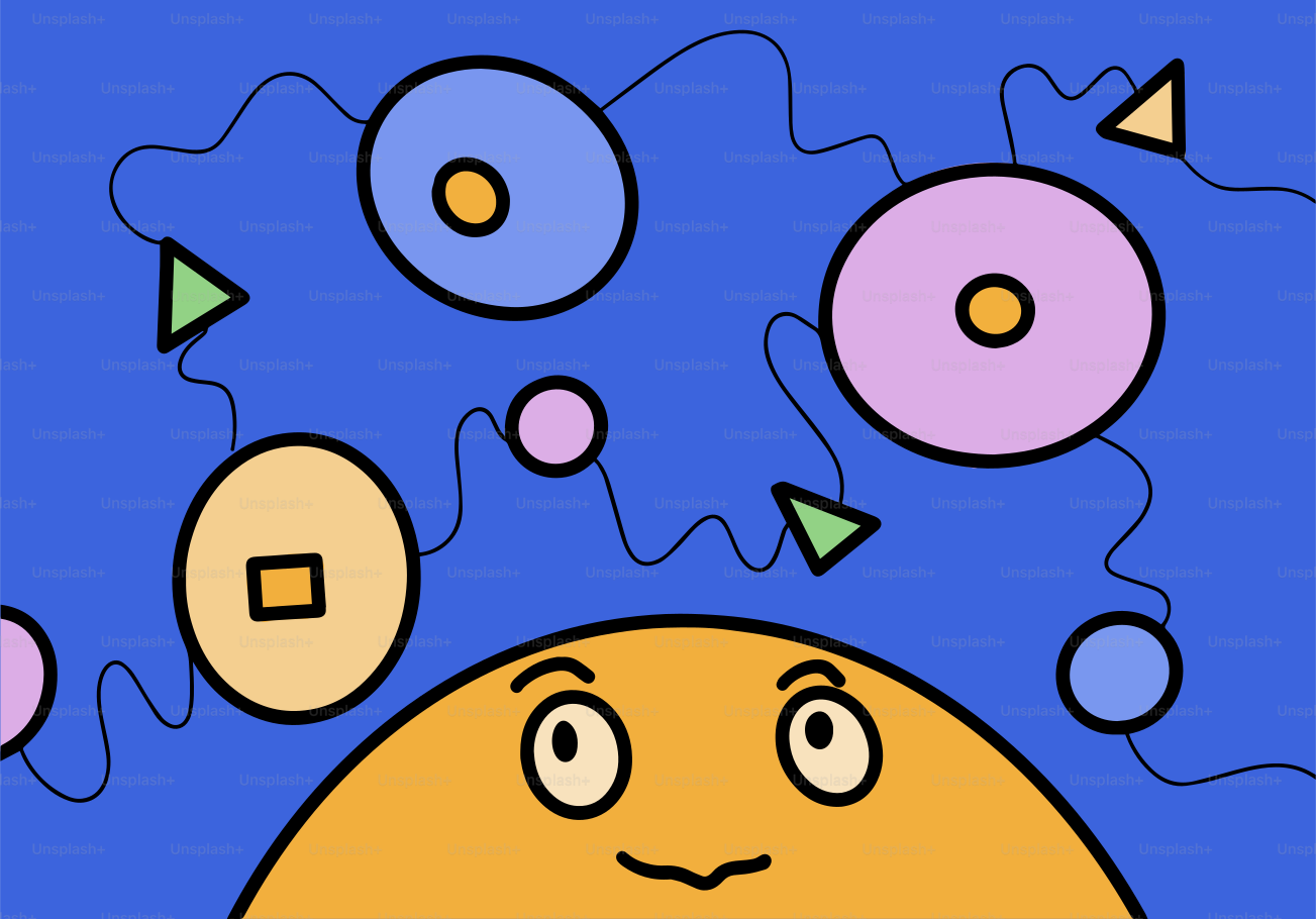 A funny character surrounded by abstract shapes.