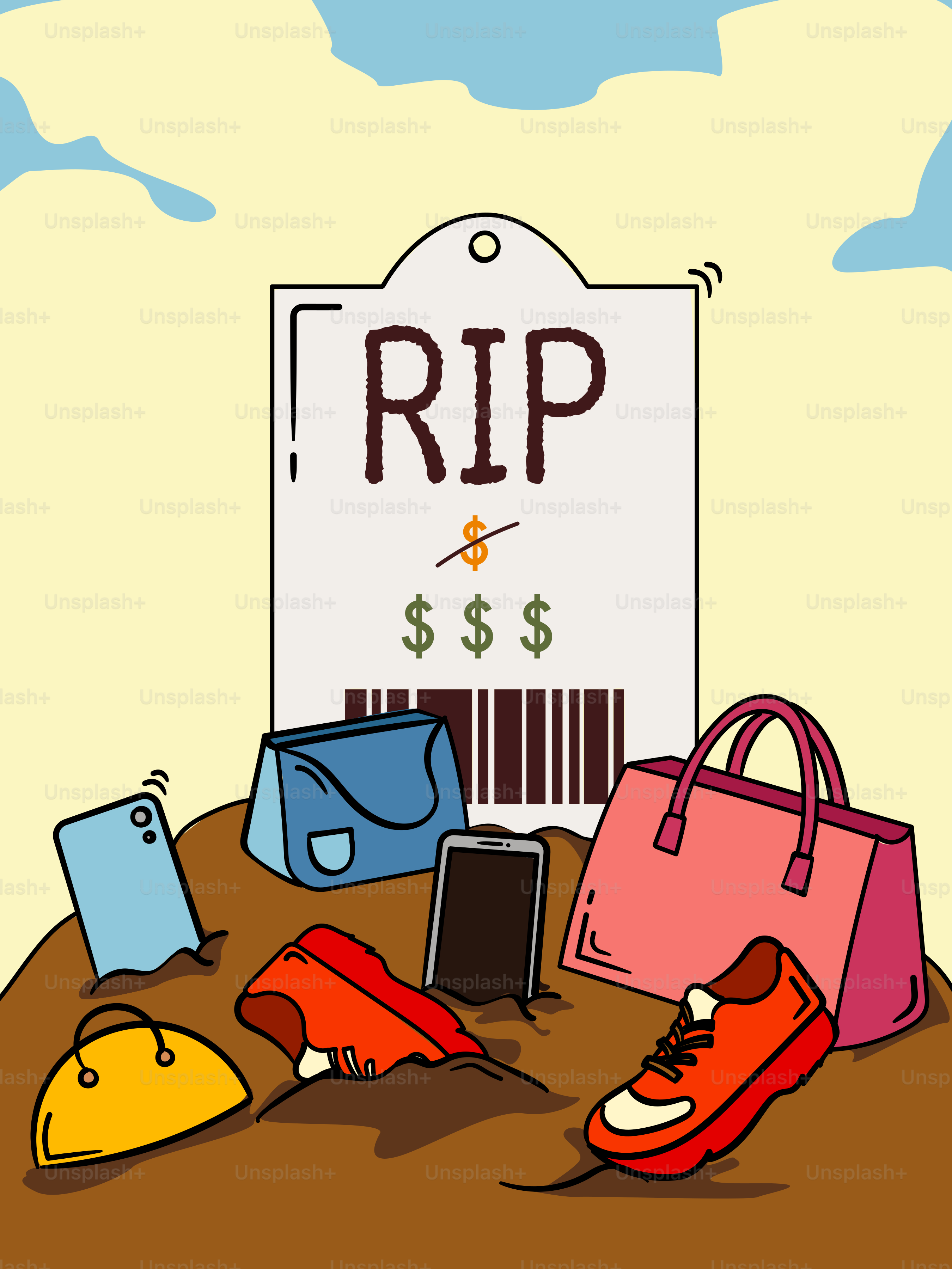 Los artículos de la compra están enterrados, simbolizando la falta de dinero.