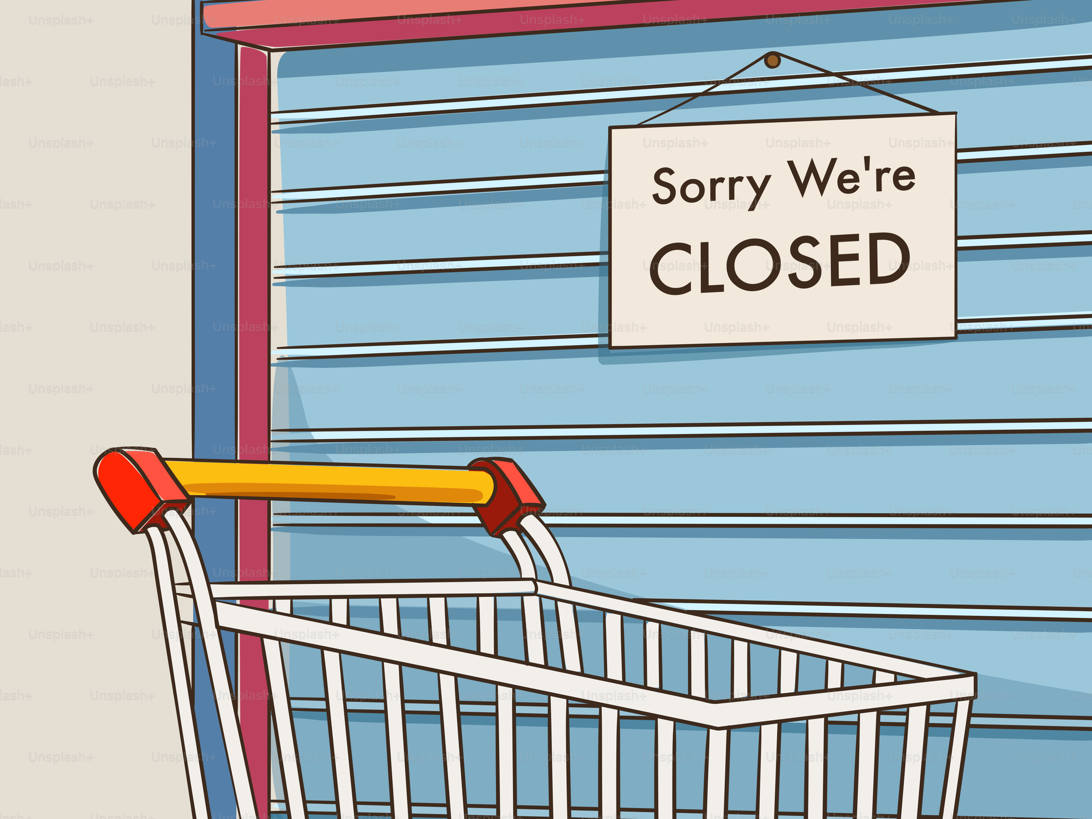 La tienda está cerrada; Un carrito de la compra espera.