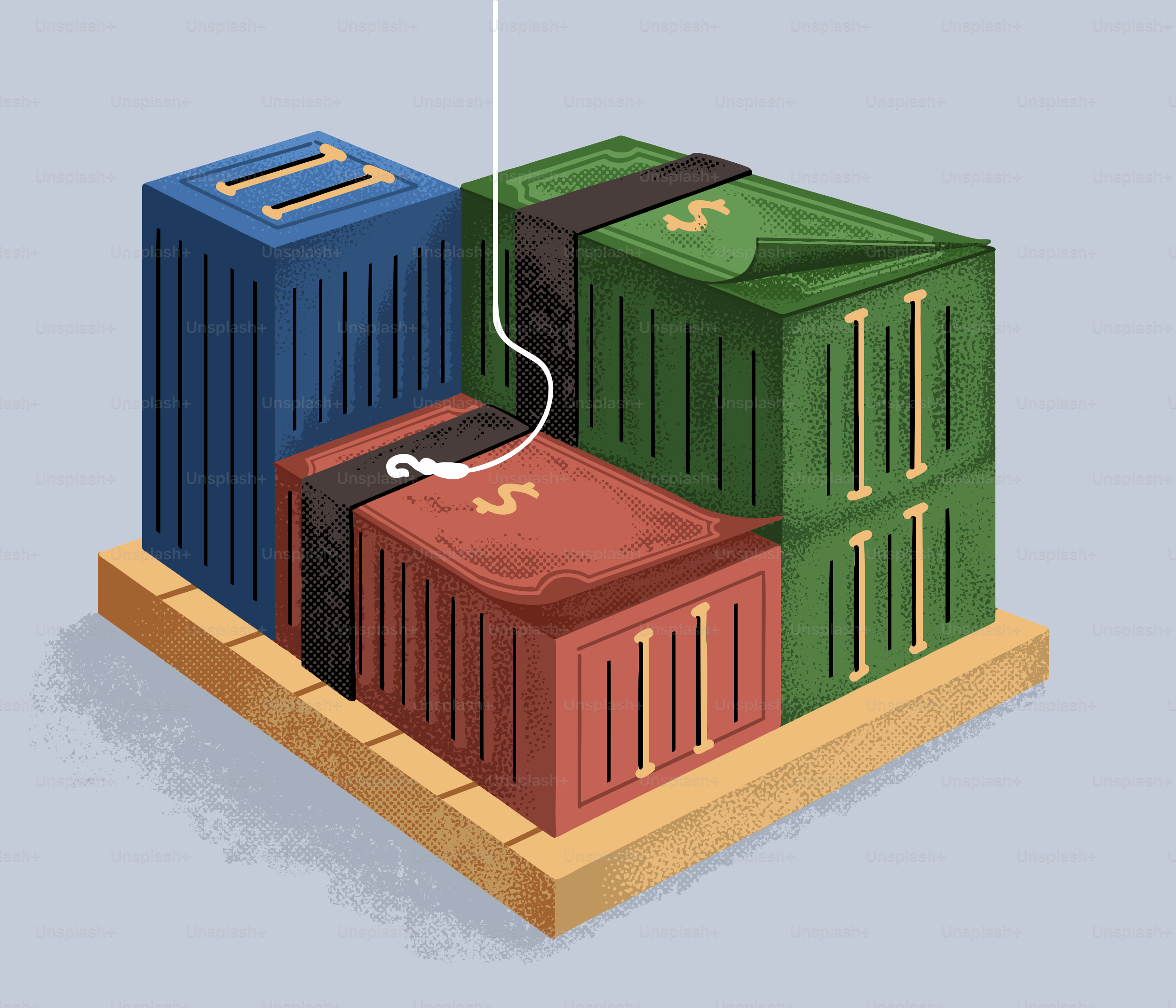 Money-covered cargo containers are being lifted by a hook.