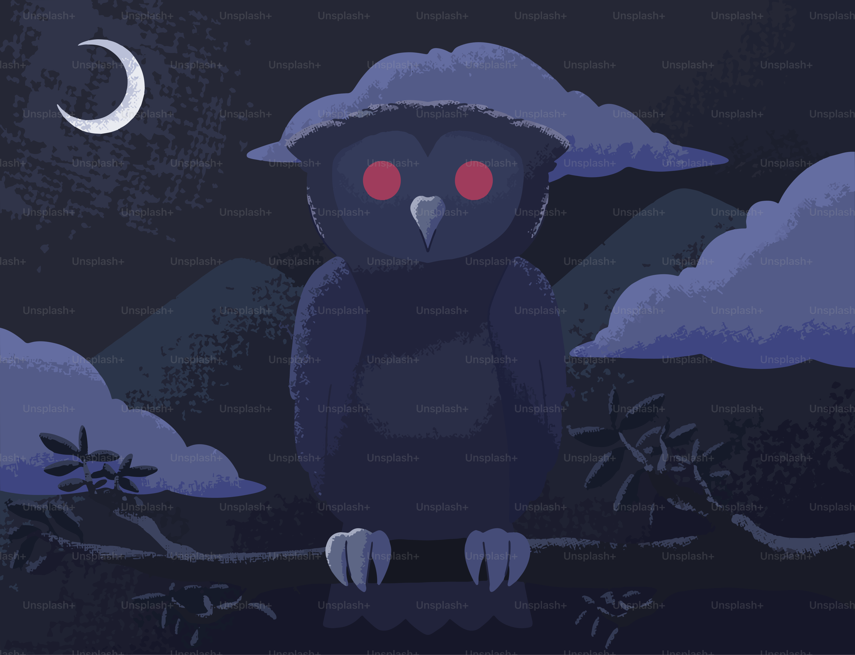 A spooky owl watches from a moonlit night.