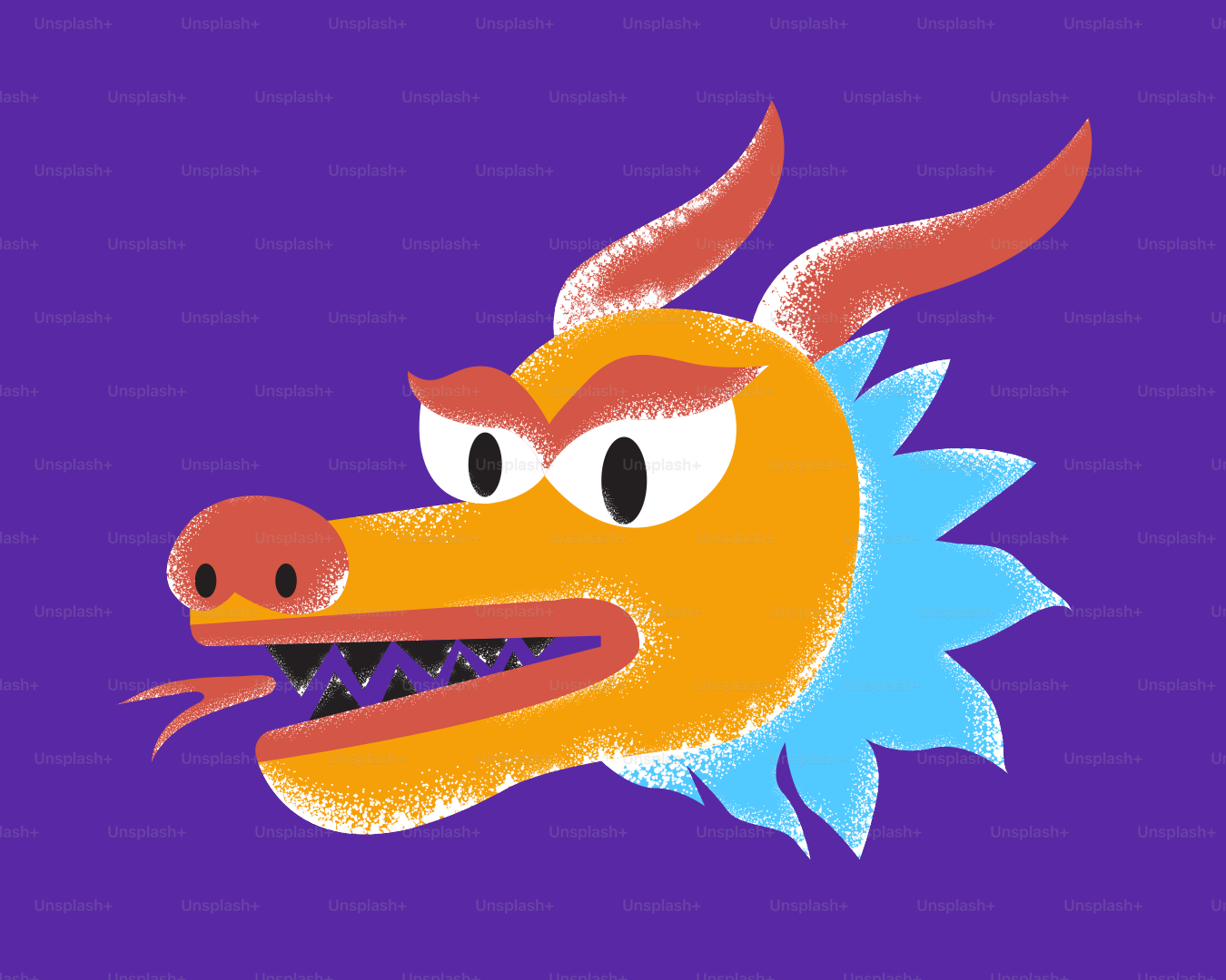 Illustration d’une tête de dragon en colère sur fond violet.