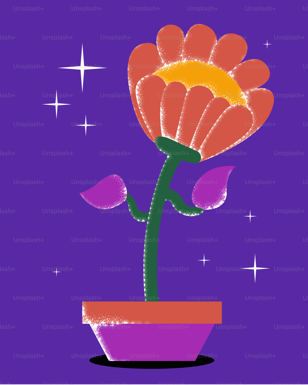 Eine Blume blüht in einem violetten Topf mit Sternen.