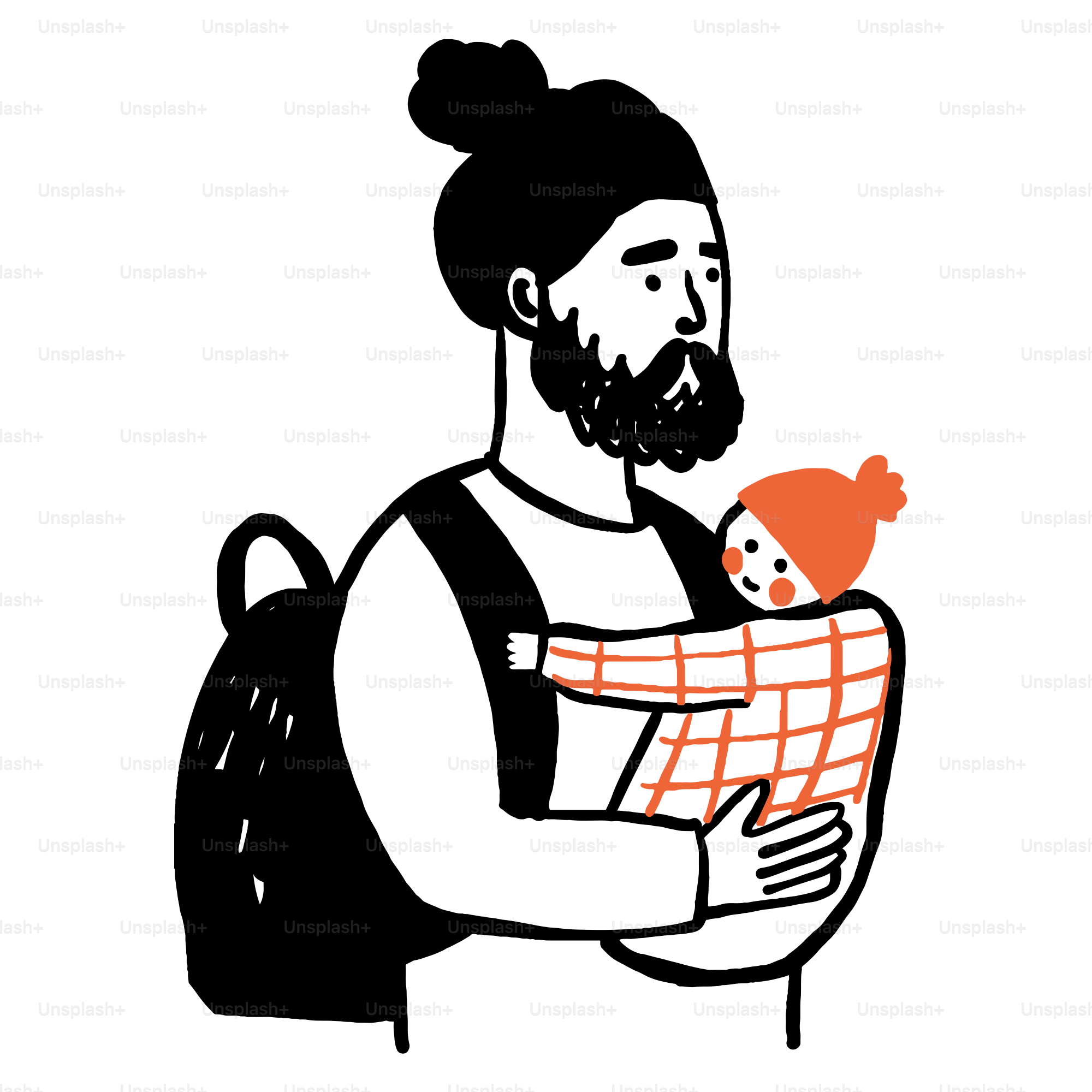 Father carries a baby in a carrier.