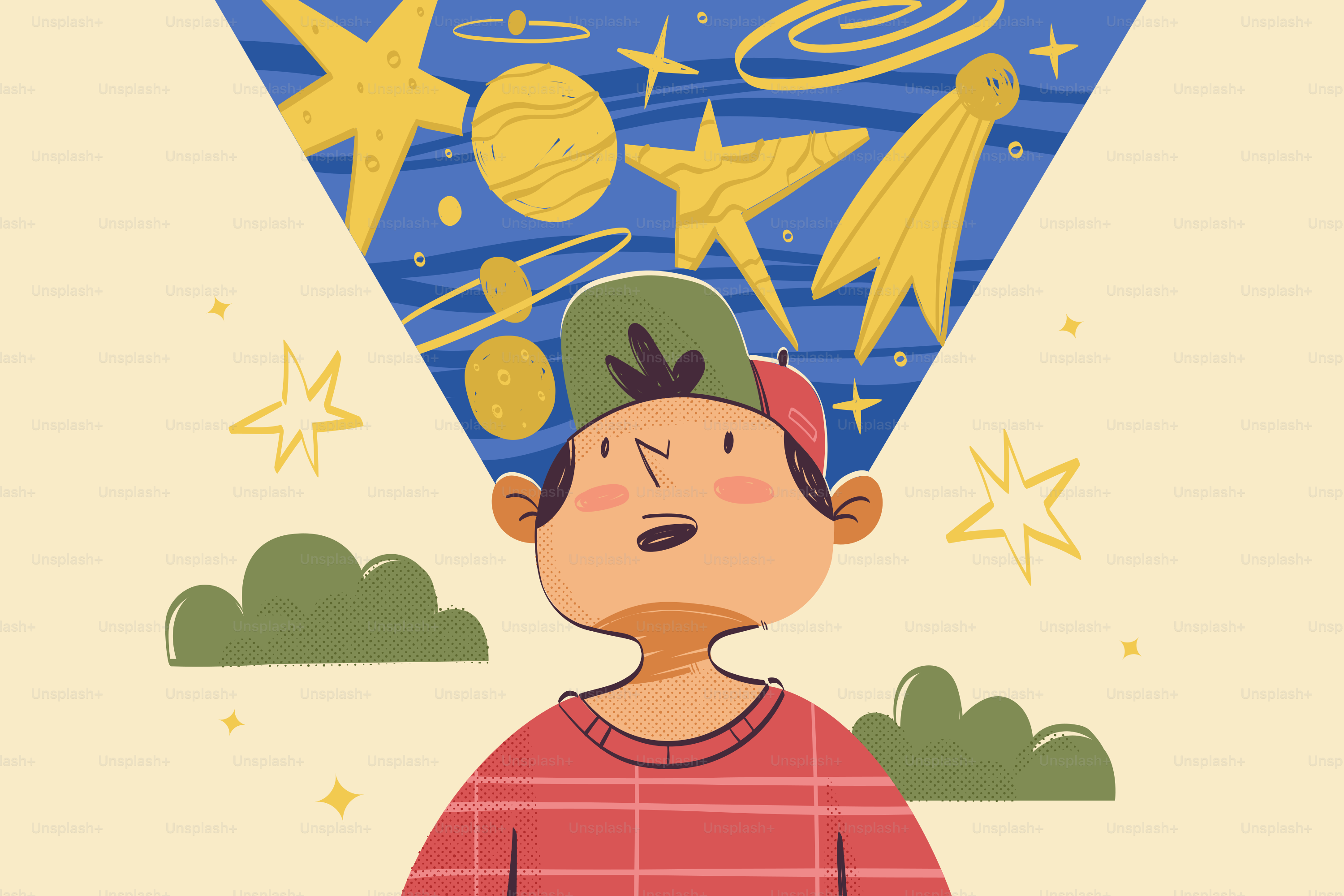 Ein Junge träumt vom Weltraum und vom Kosmos.