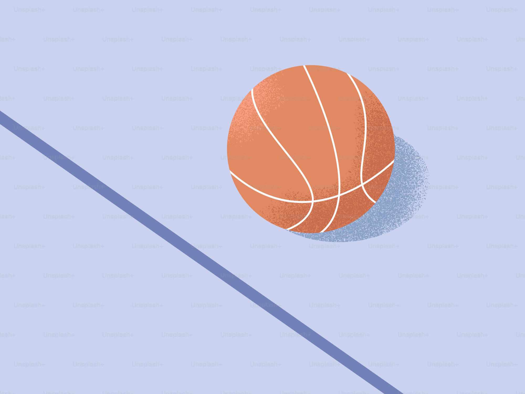 Basketball sits on a blue court with a line.
