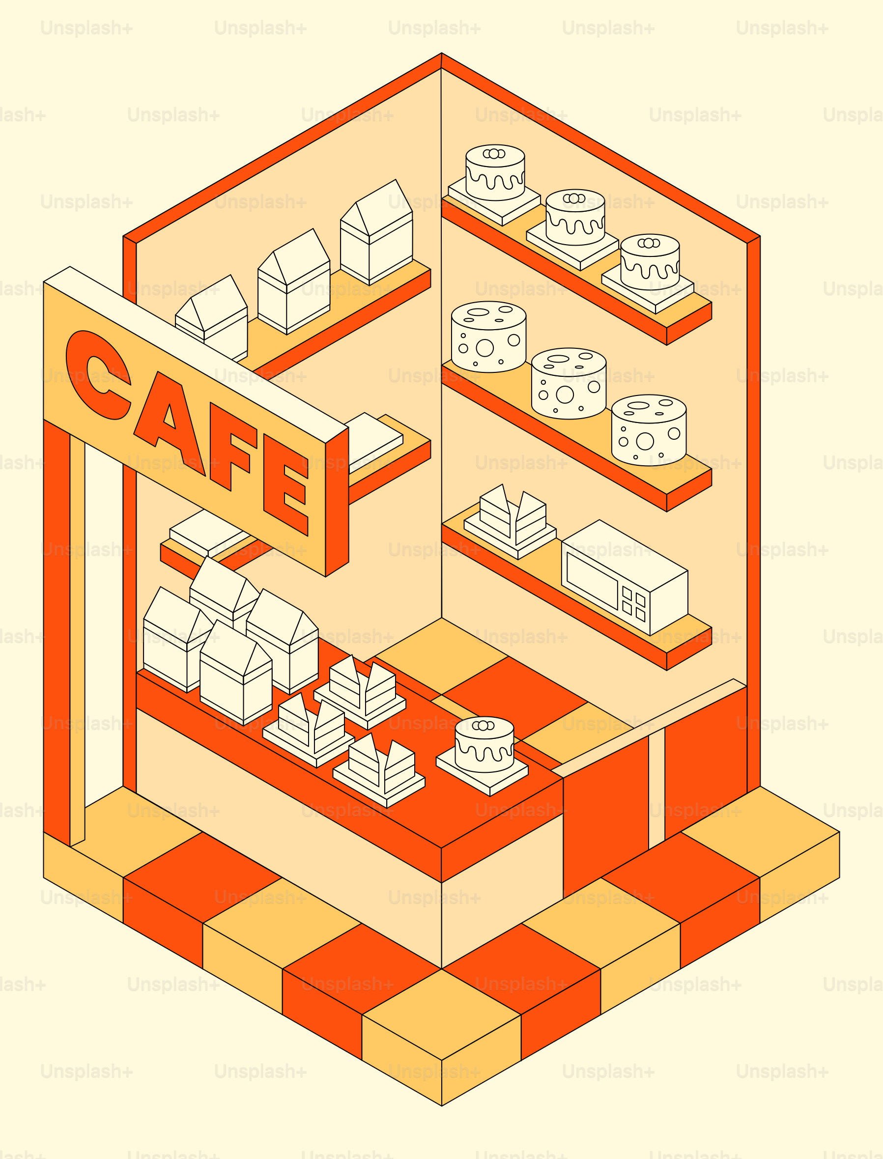 Ein kleines isometrisches Café, in dem Backwaren ausgestellt sind.