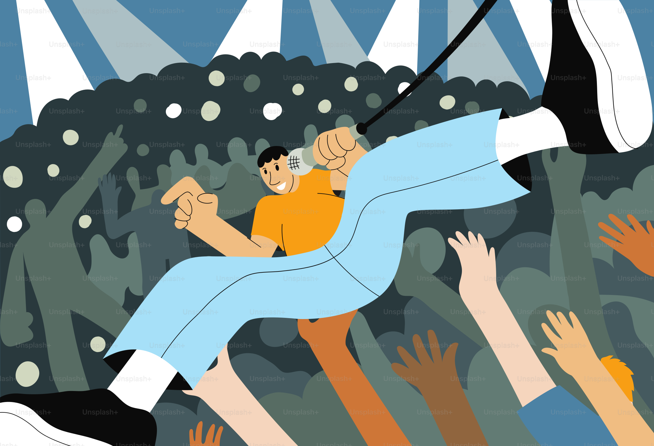 Un cantante fa crowdsurfing sopra un pubblico festante.