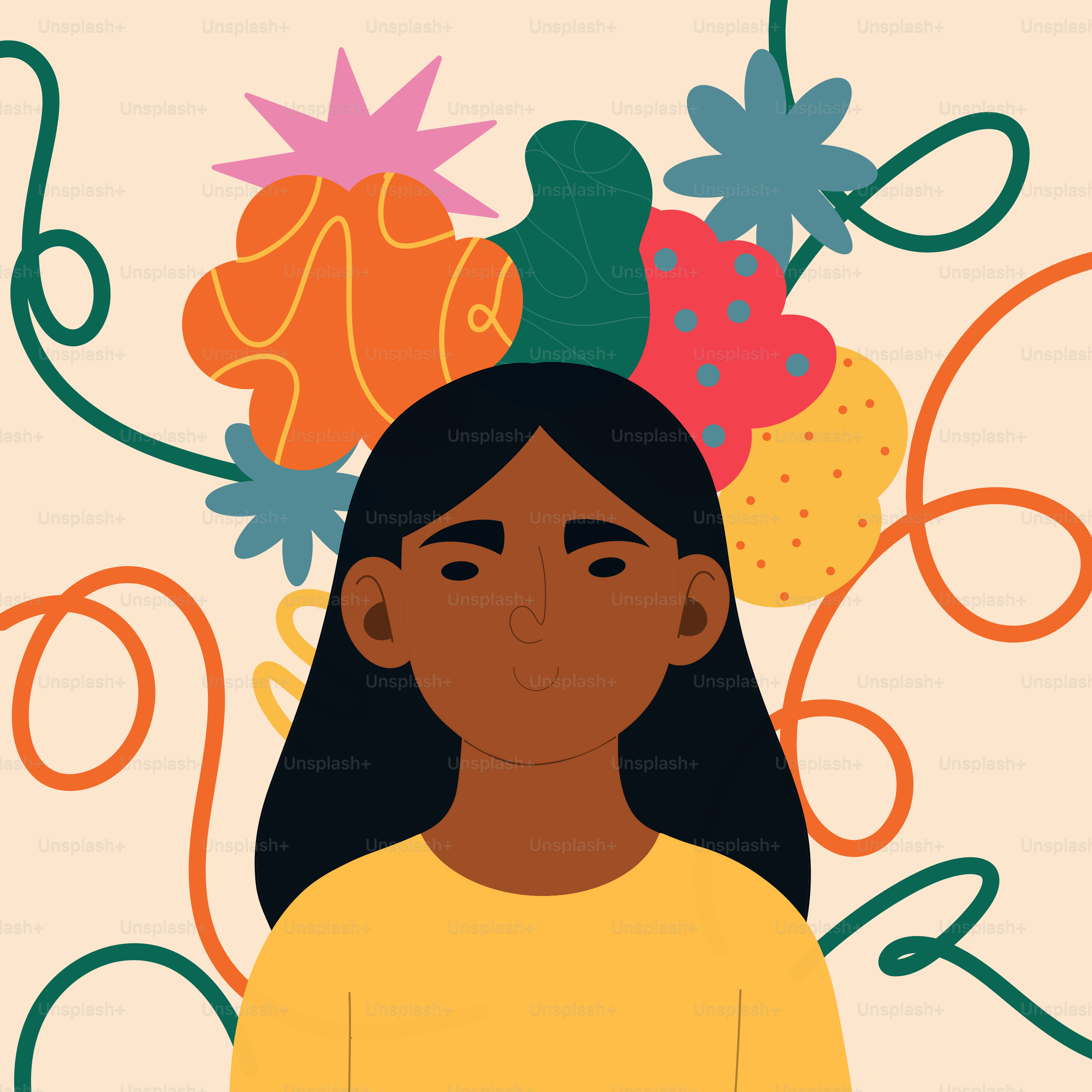 A woman with abstract shapes around her head.