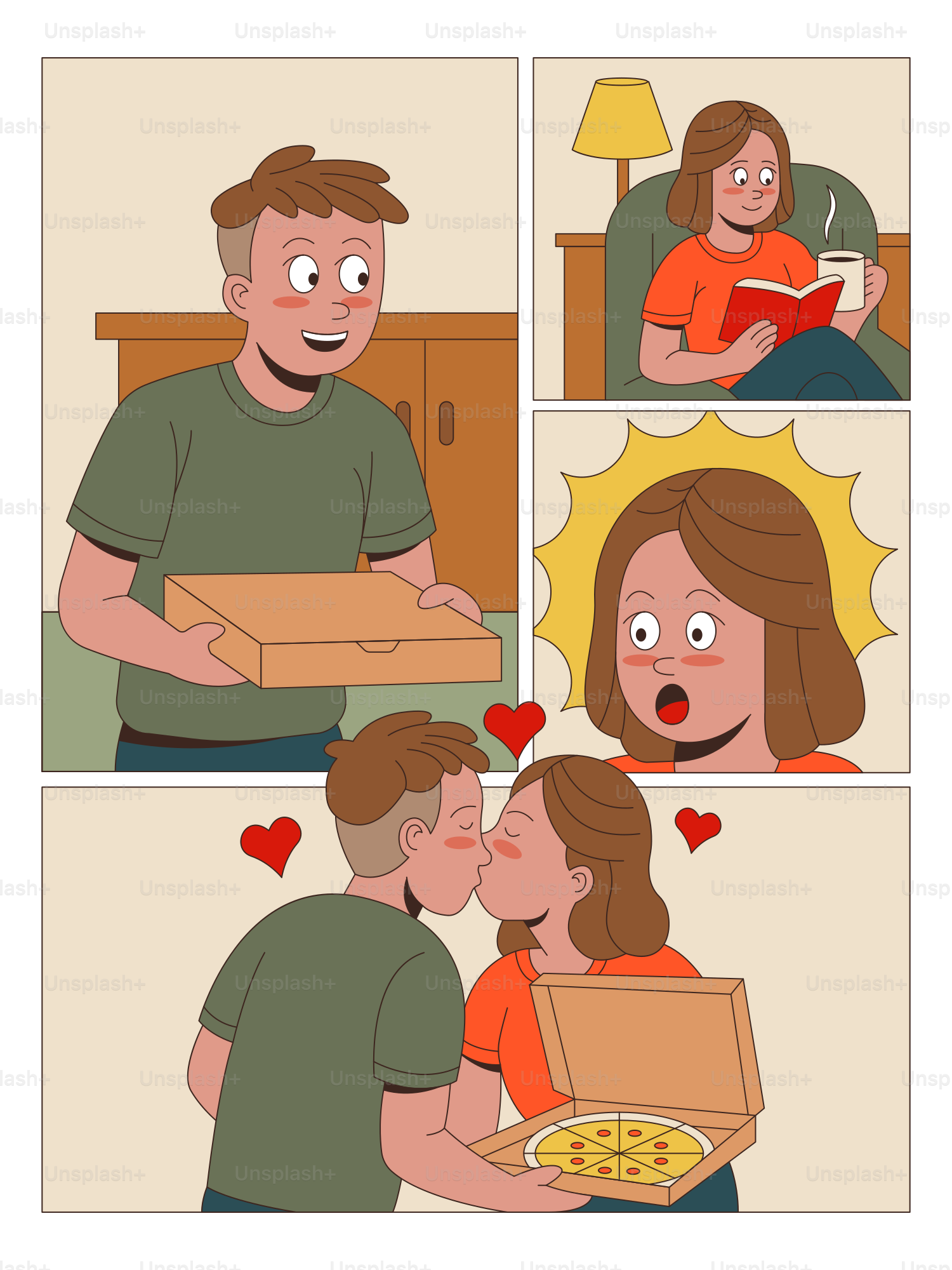 He brings pizza and they share a romantic kiss.
