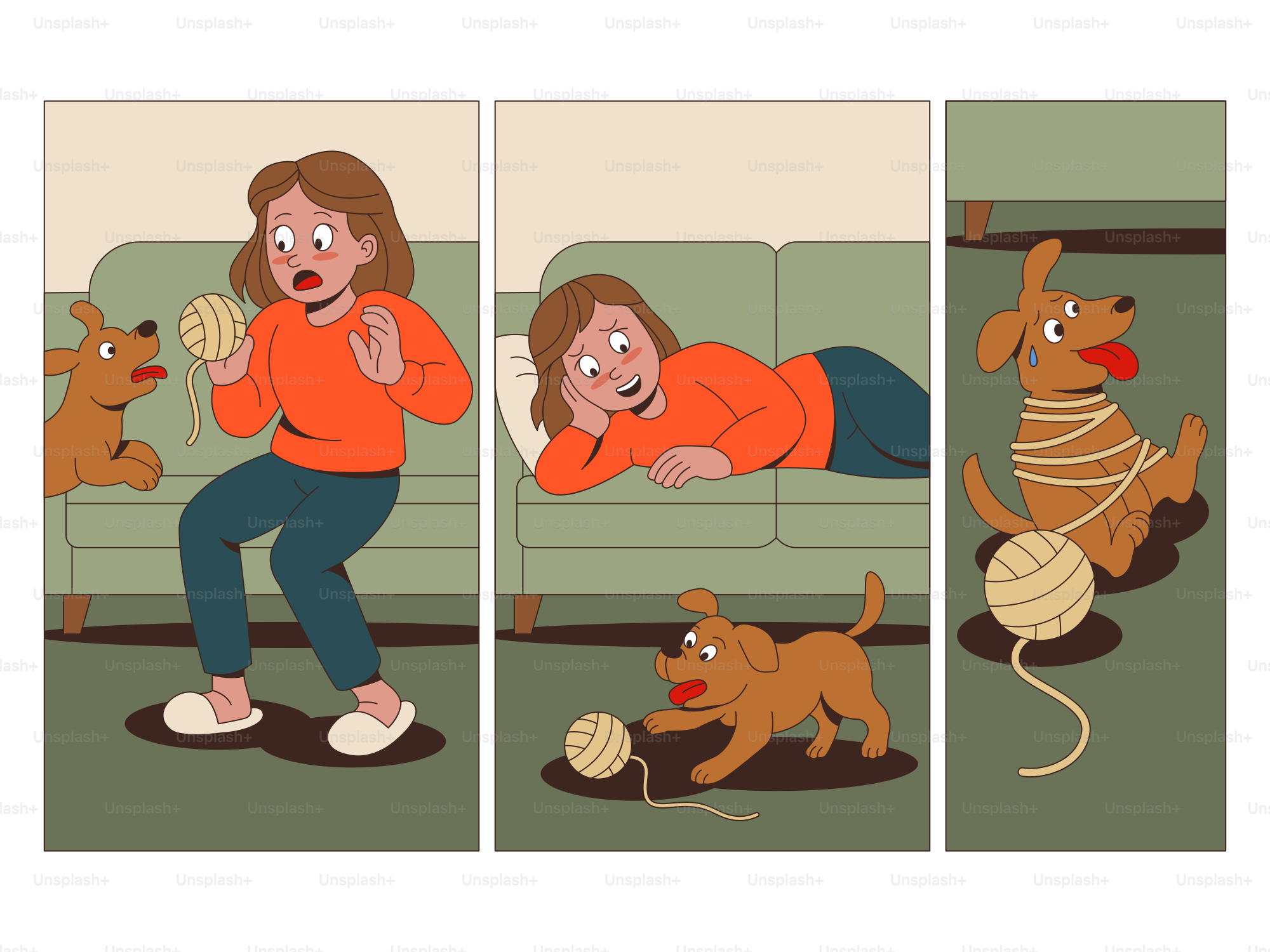 El perro juega con hilo, causando un lío enredado.