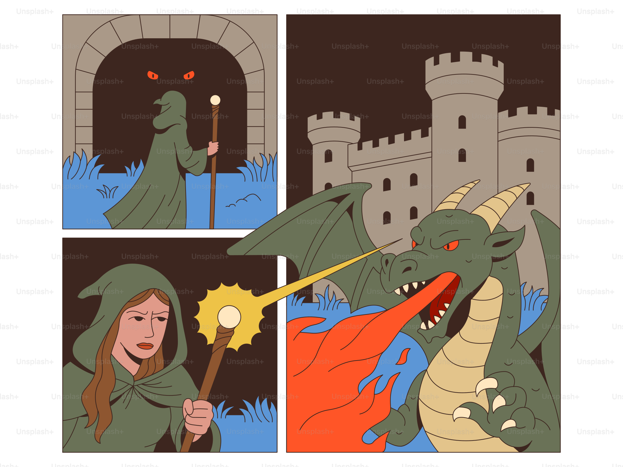 Ein Zauberer kämpft in einer Burg gegen einen Drachen.