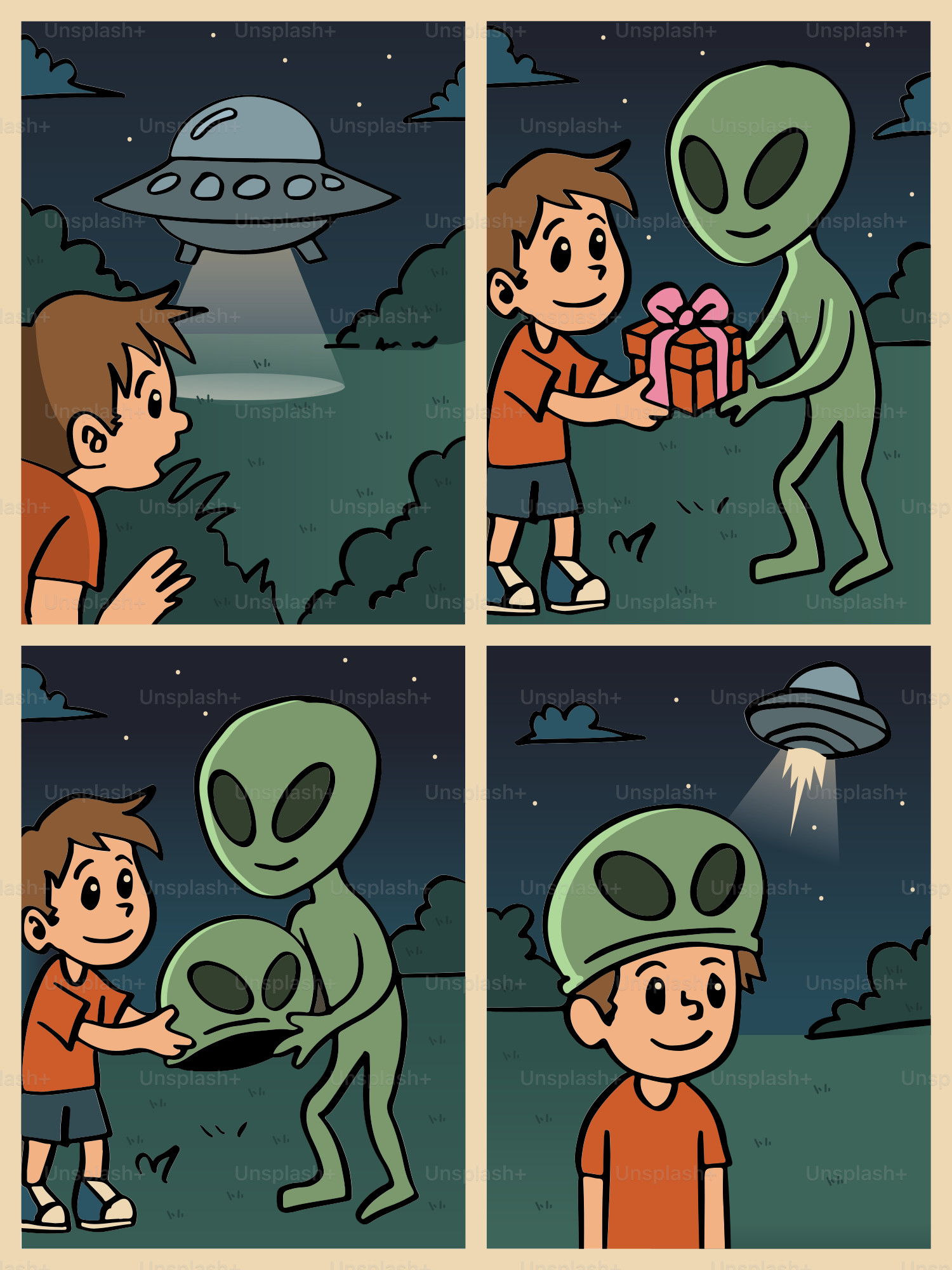 An alien gives a gift and a helmet to a boy - Vector Illustration on ...