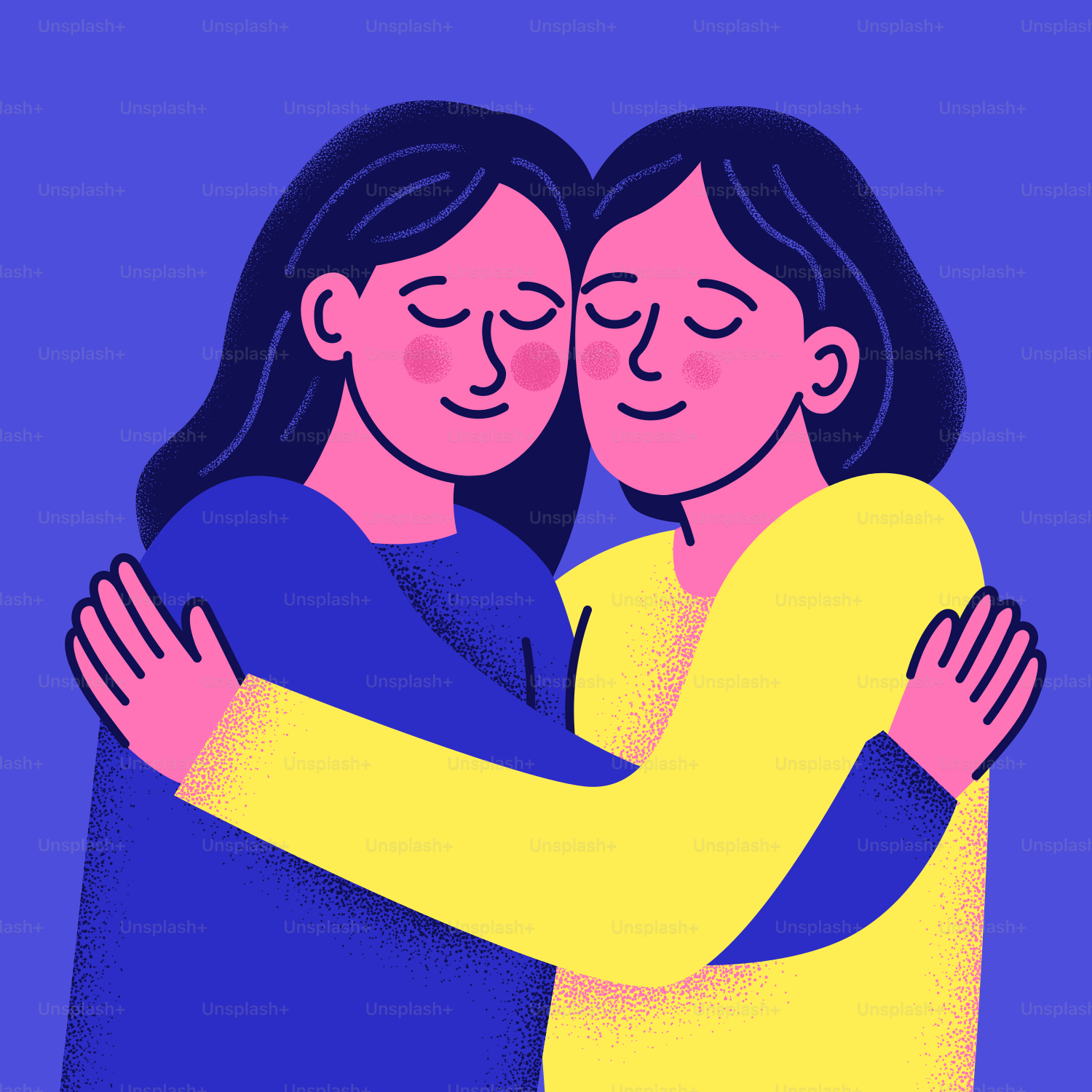 Two women embracing with their eyes closed.