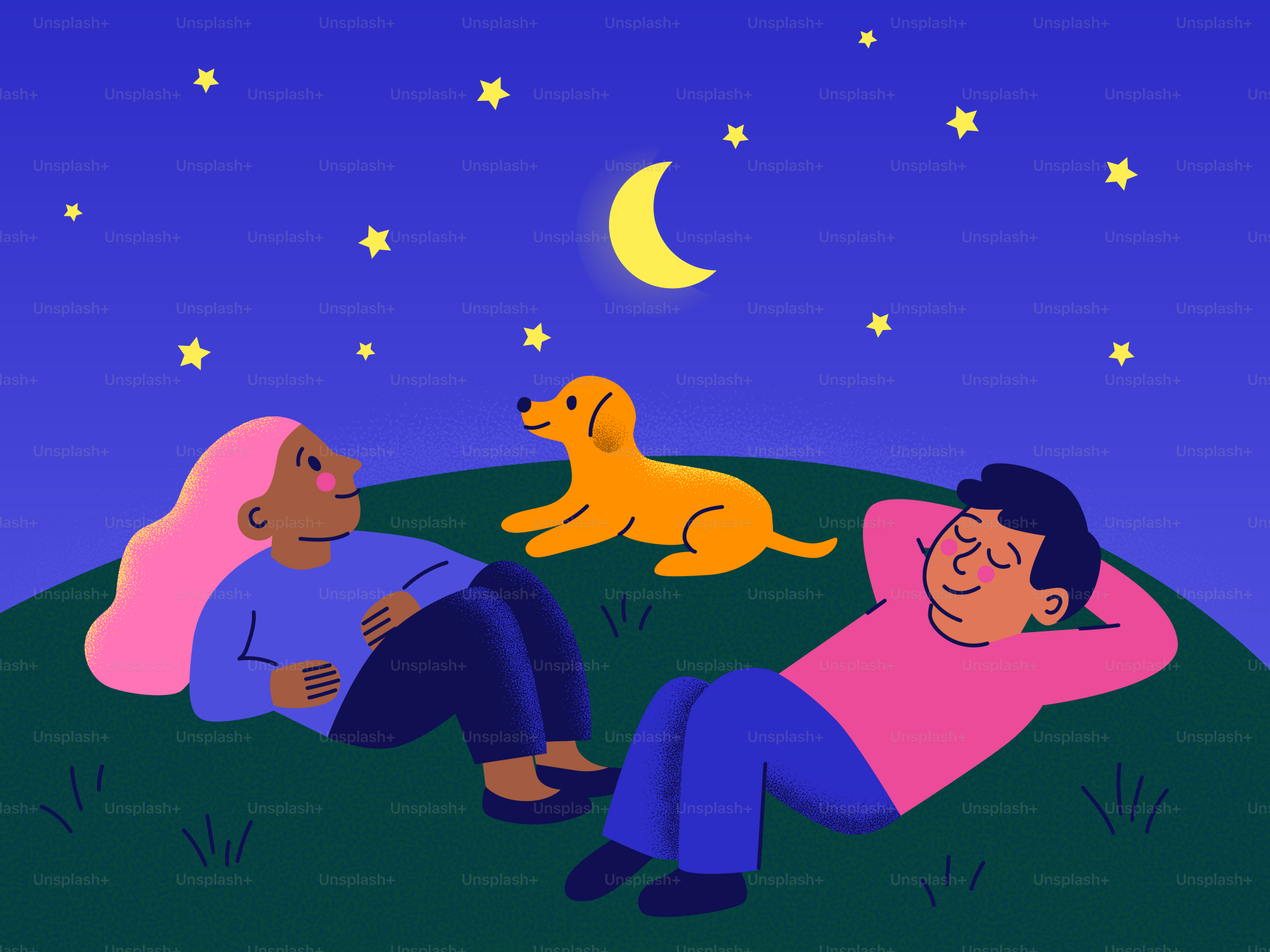 A woman, man, and dog are stargazing.