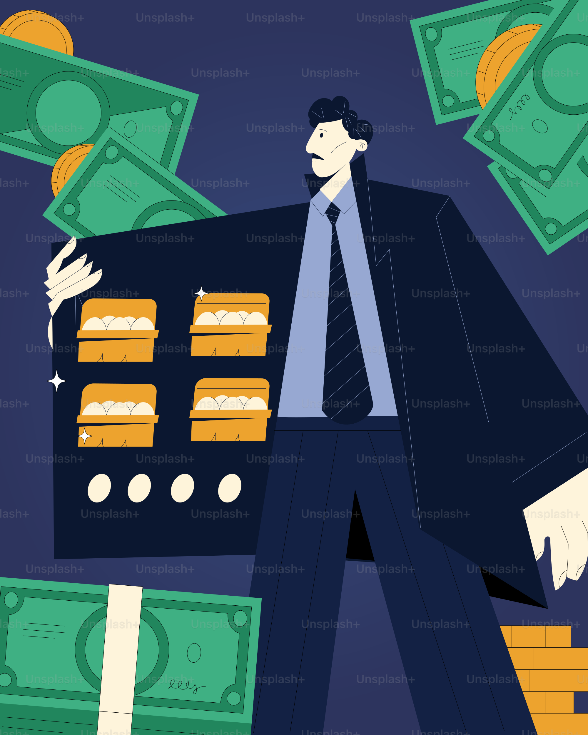 A rich man displays gold and money.