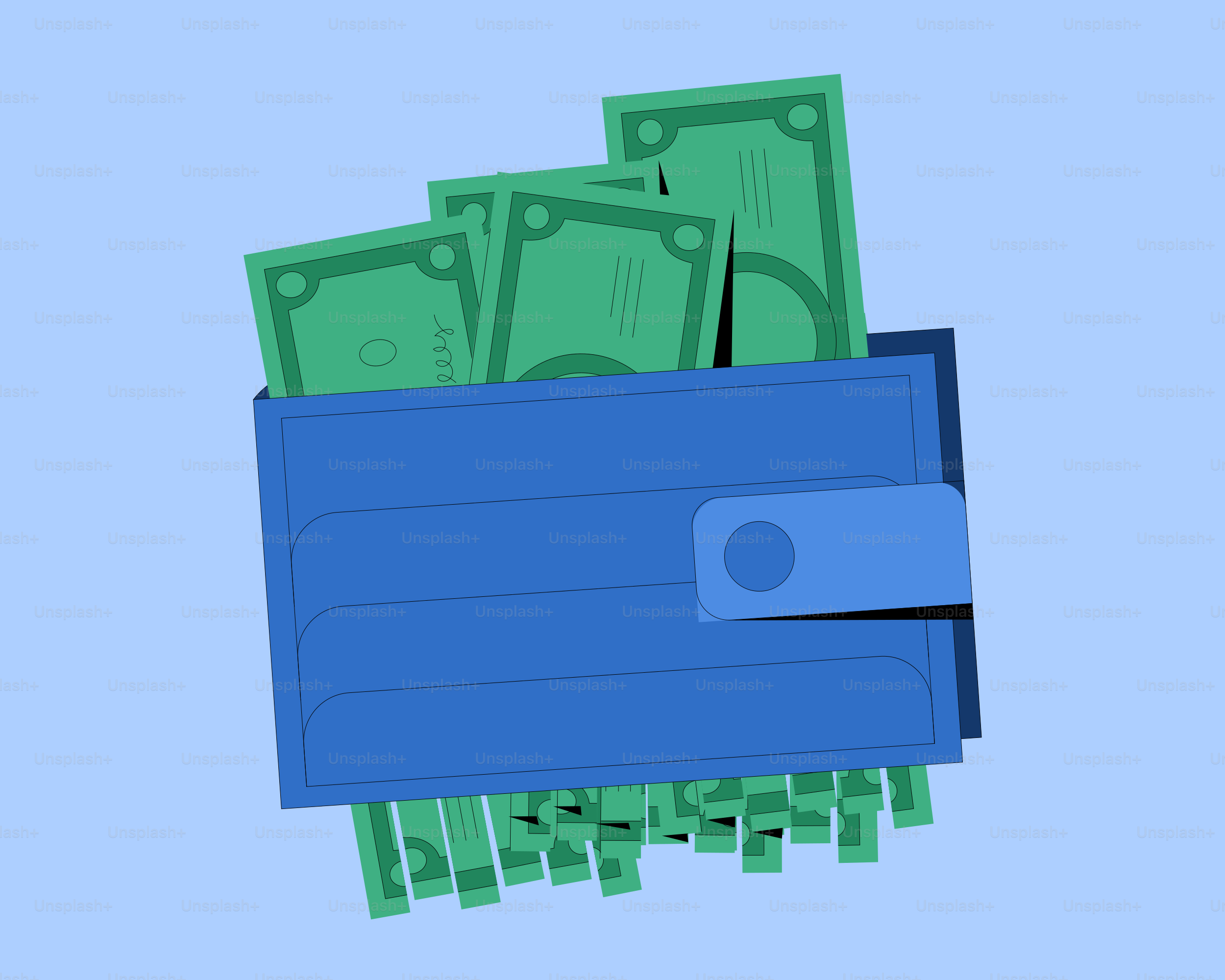 Ein blaues Portemonnaie, vollgestopft mit viel Bargeld.