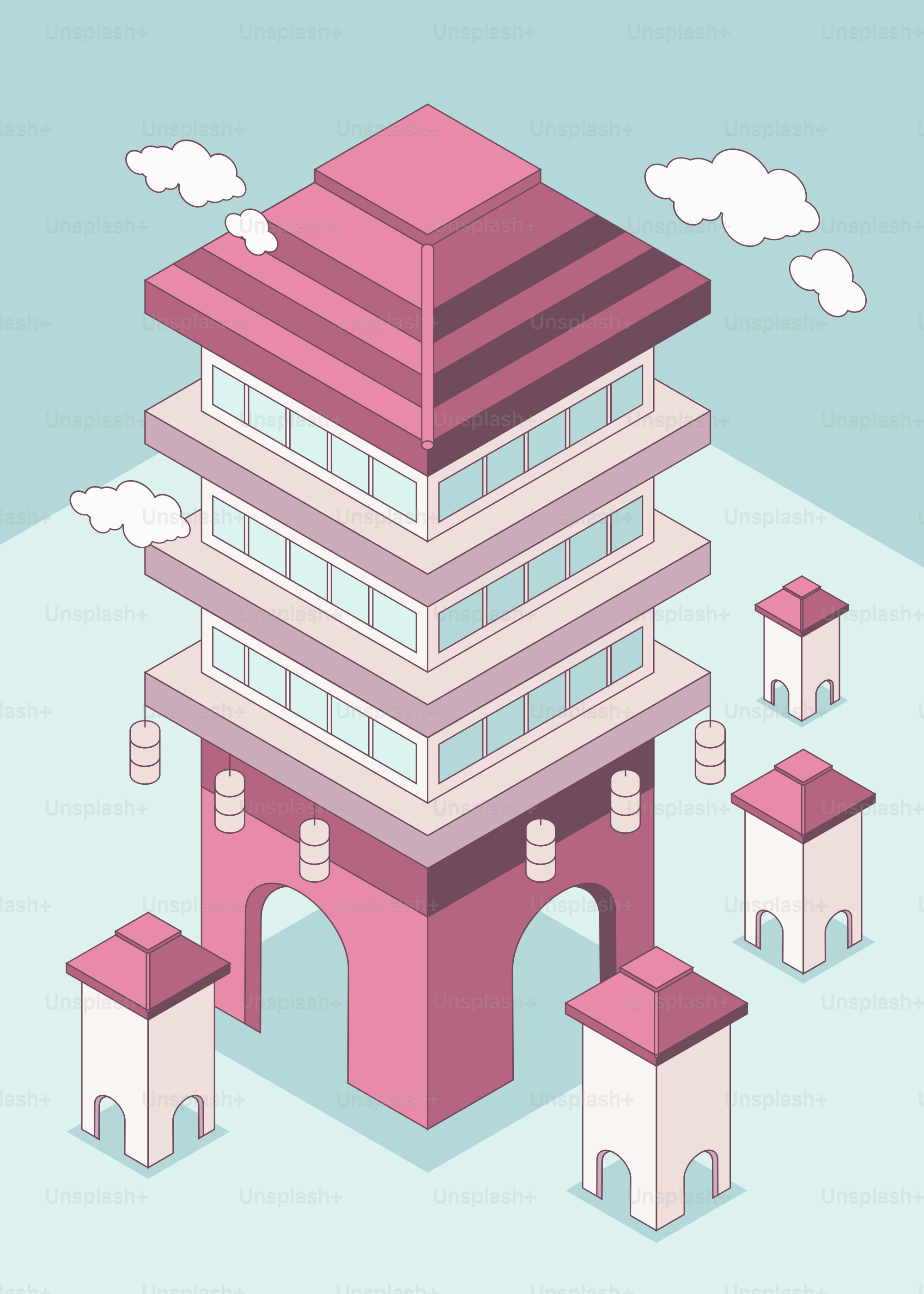 Isometric drawing of a pagoda and smaller structures.