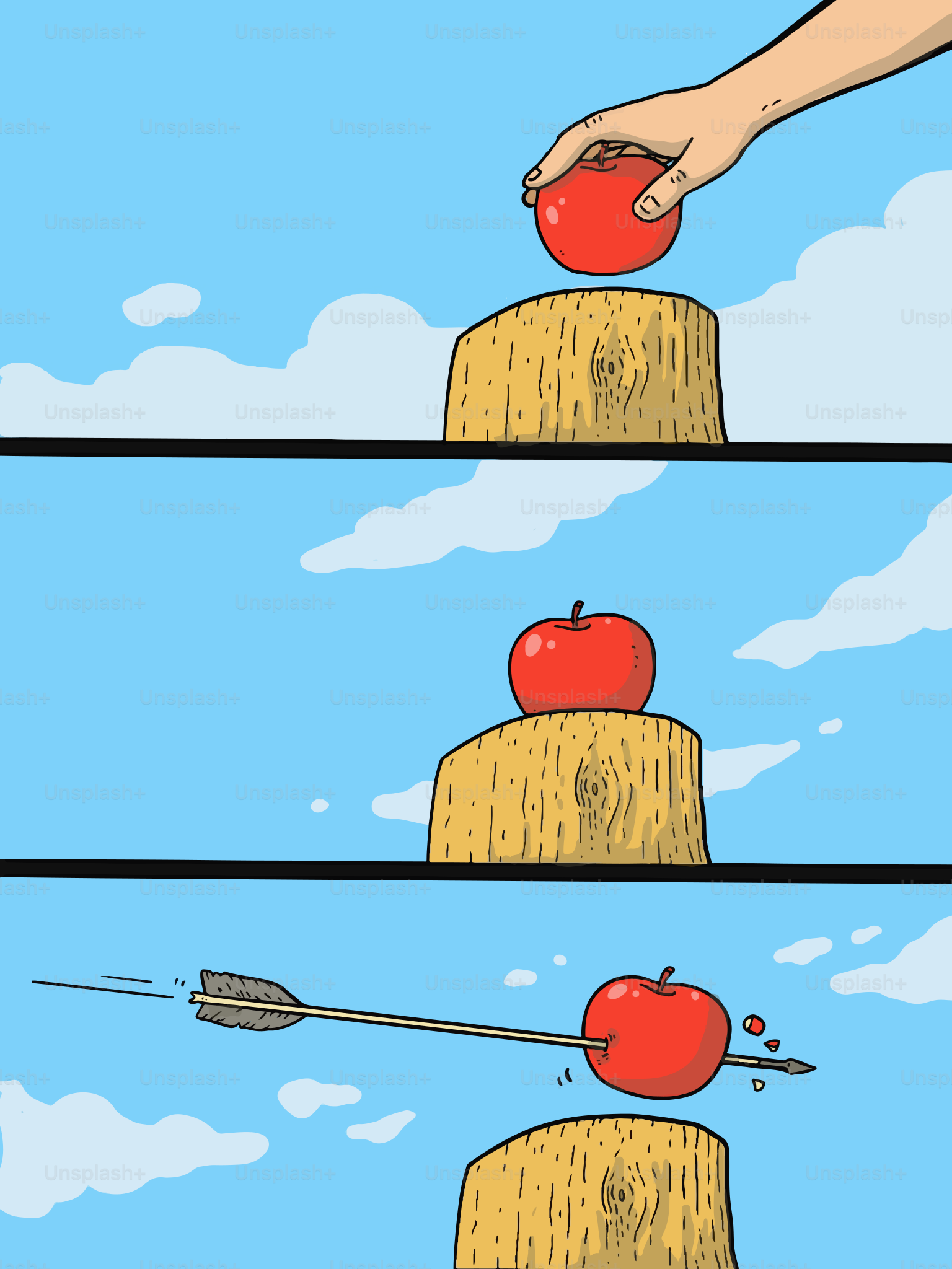 An apple is placed on a post then shot with an arrow.