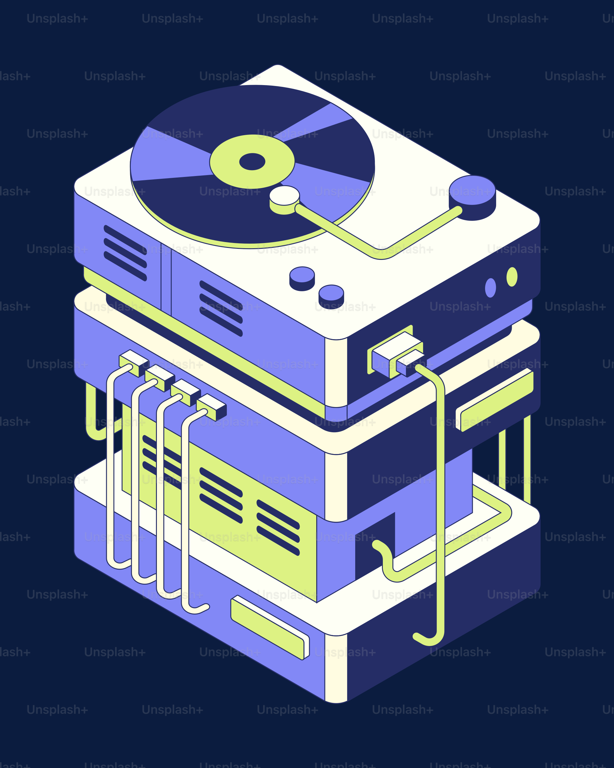 A stylized image of a turntable and stacked components.