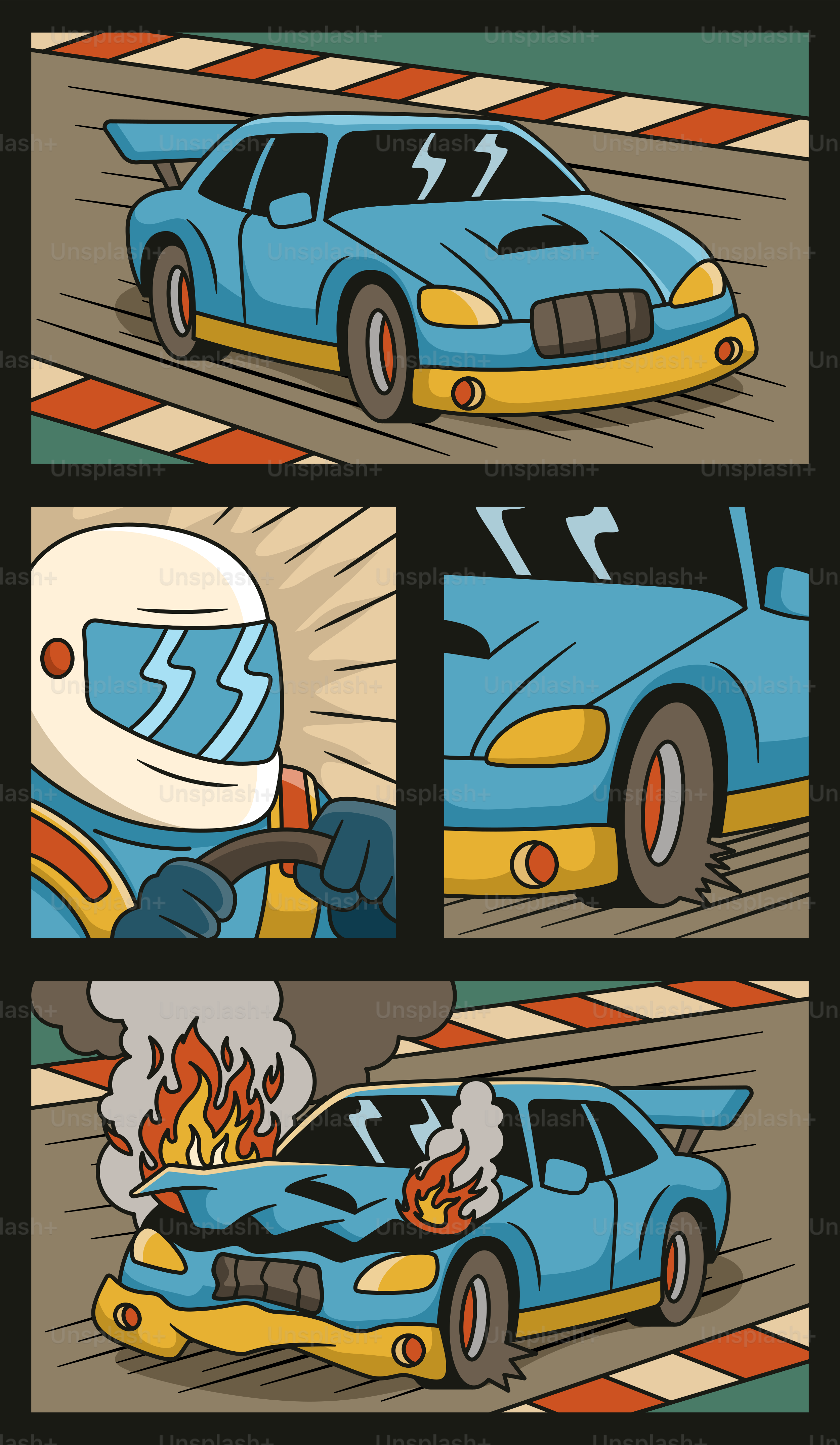 Race car has a crash and bursts into flames.