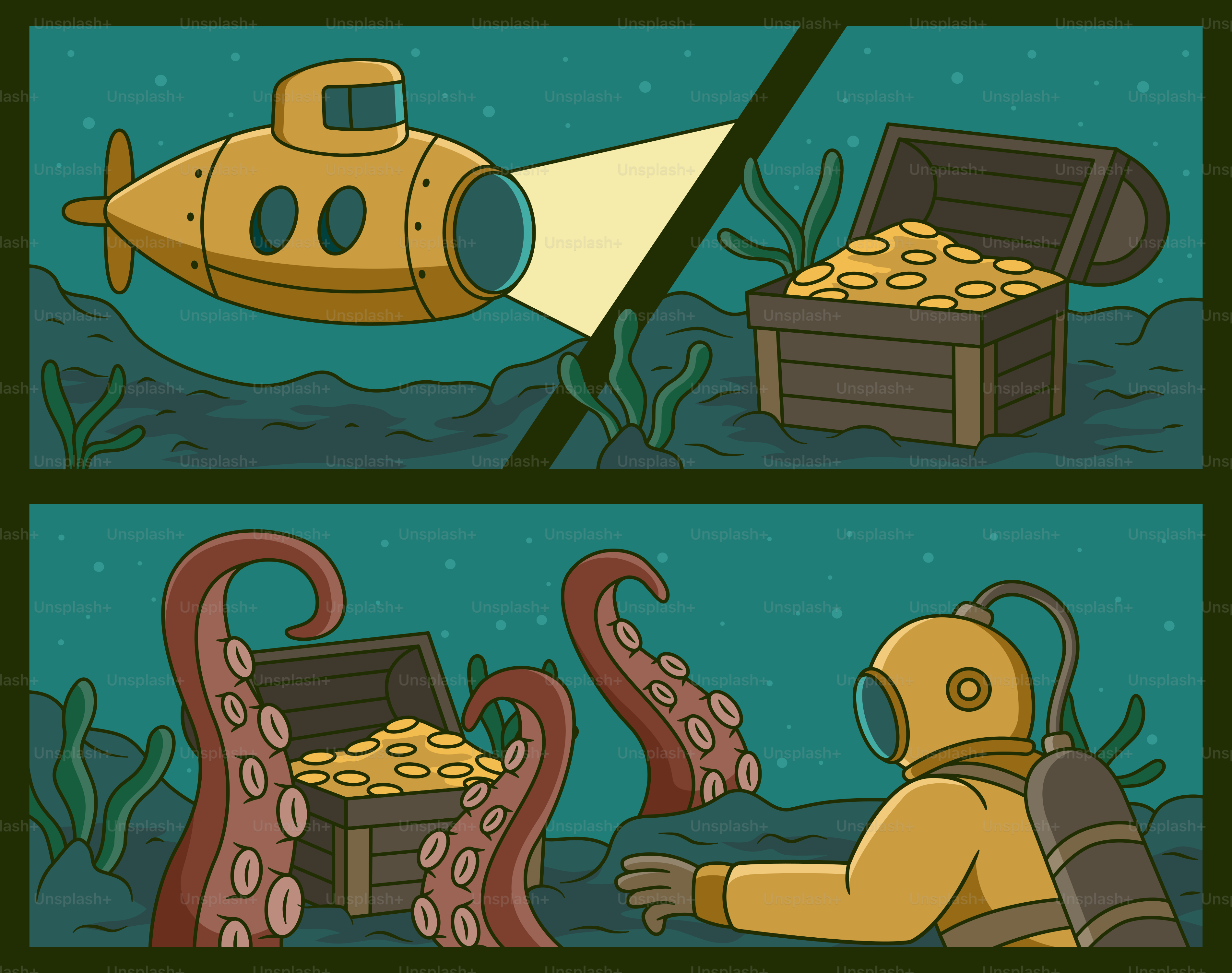 A submarine finds treasure, but danger lurks below.