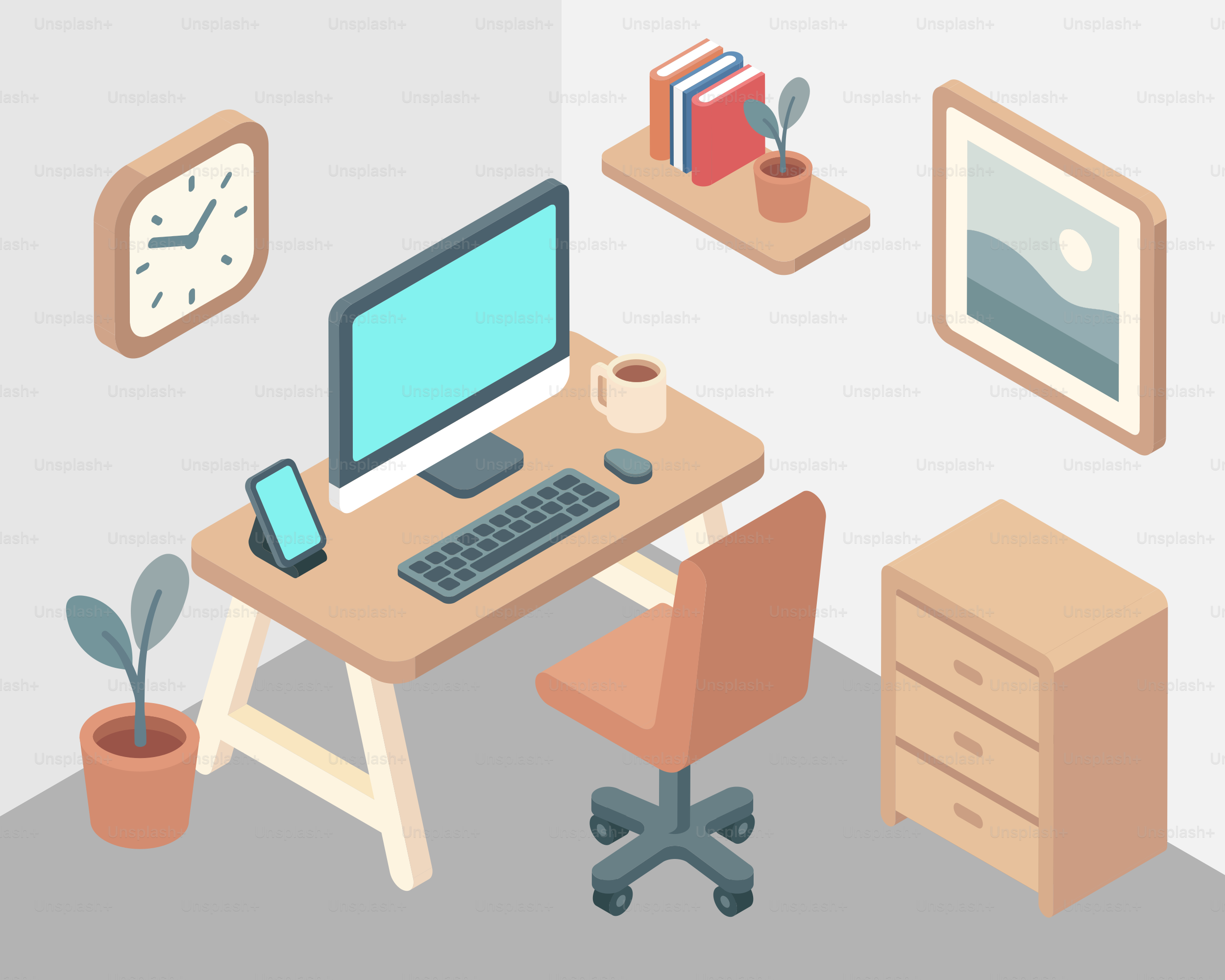 A cozy isometric home office is shown.