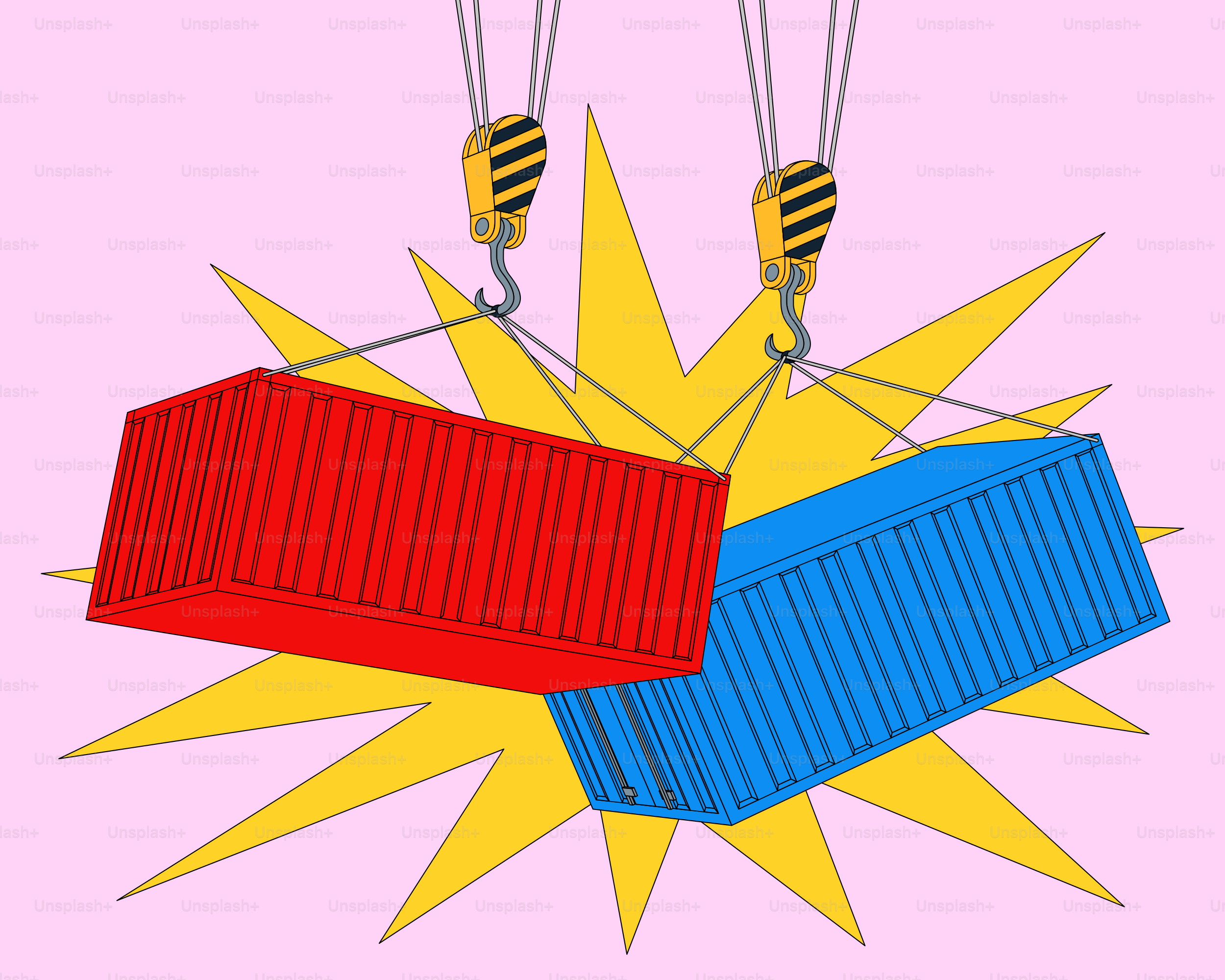 Cranes lifting red and blue shipping containers.