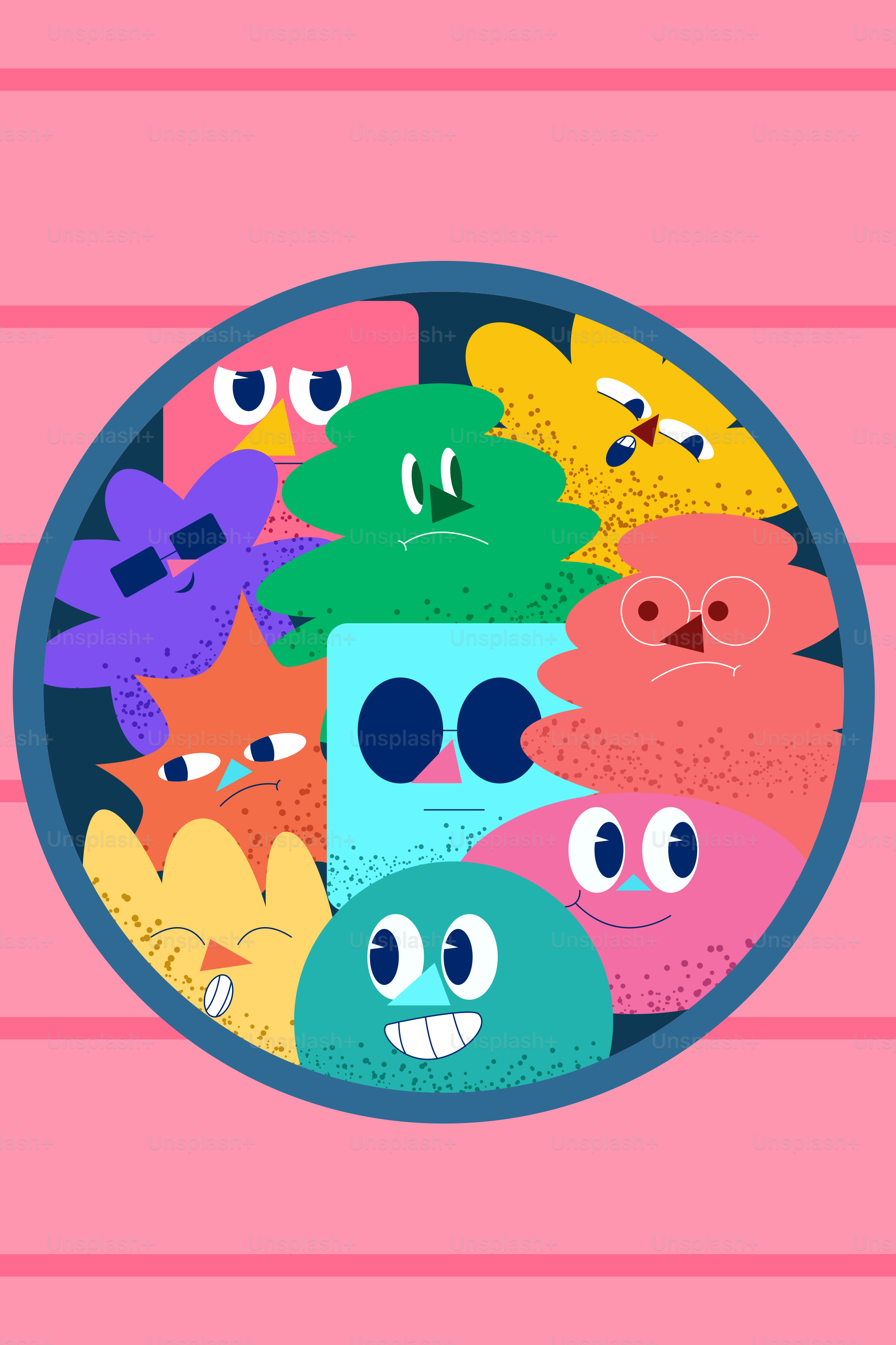 A circle contains many cartoonish, colorful characters.