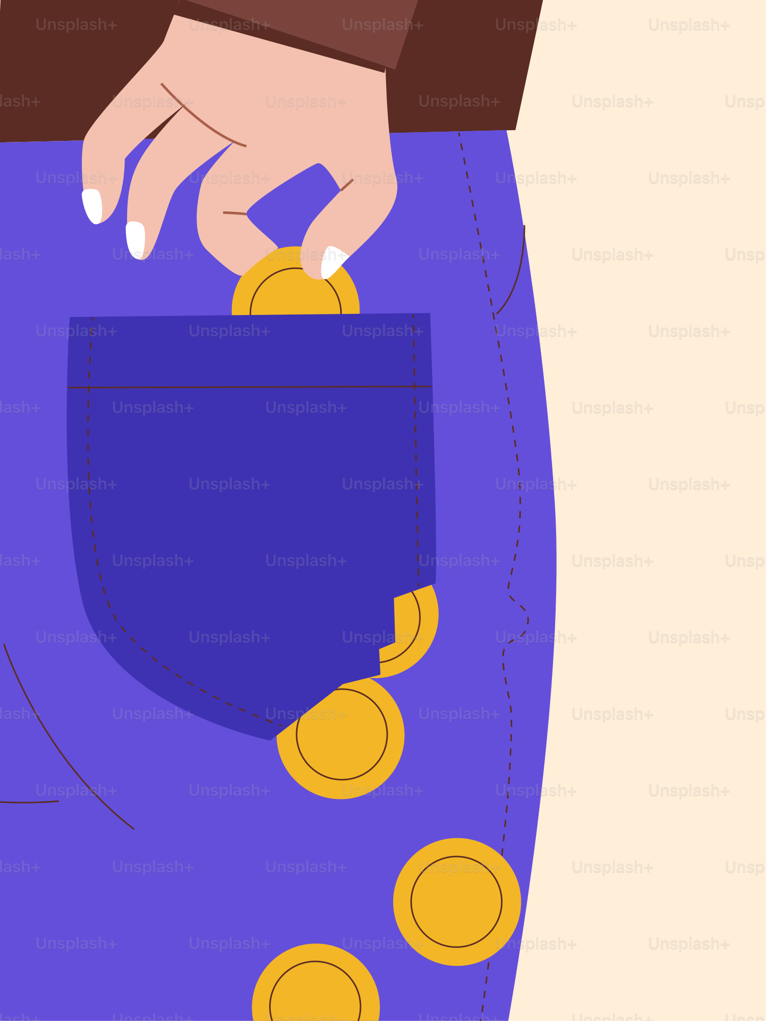 손이 동전을 주머니에 넣는다.