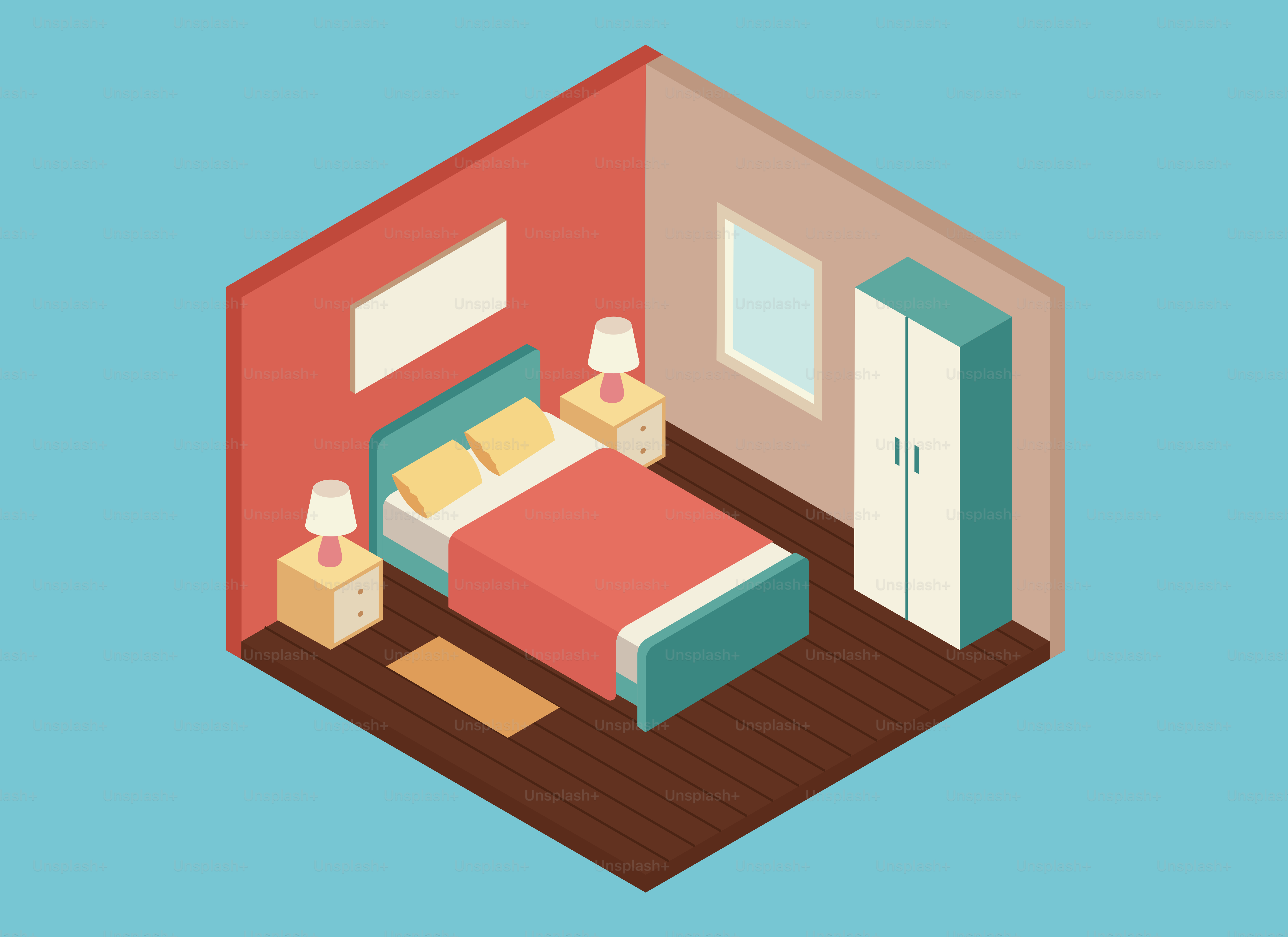 Isometric view of a bedroom's interior.