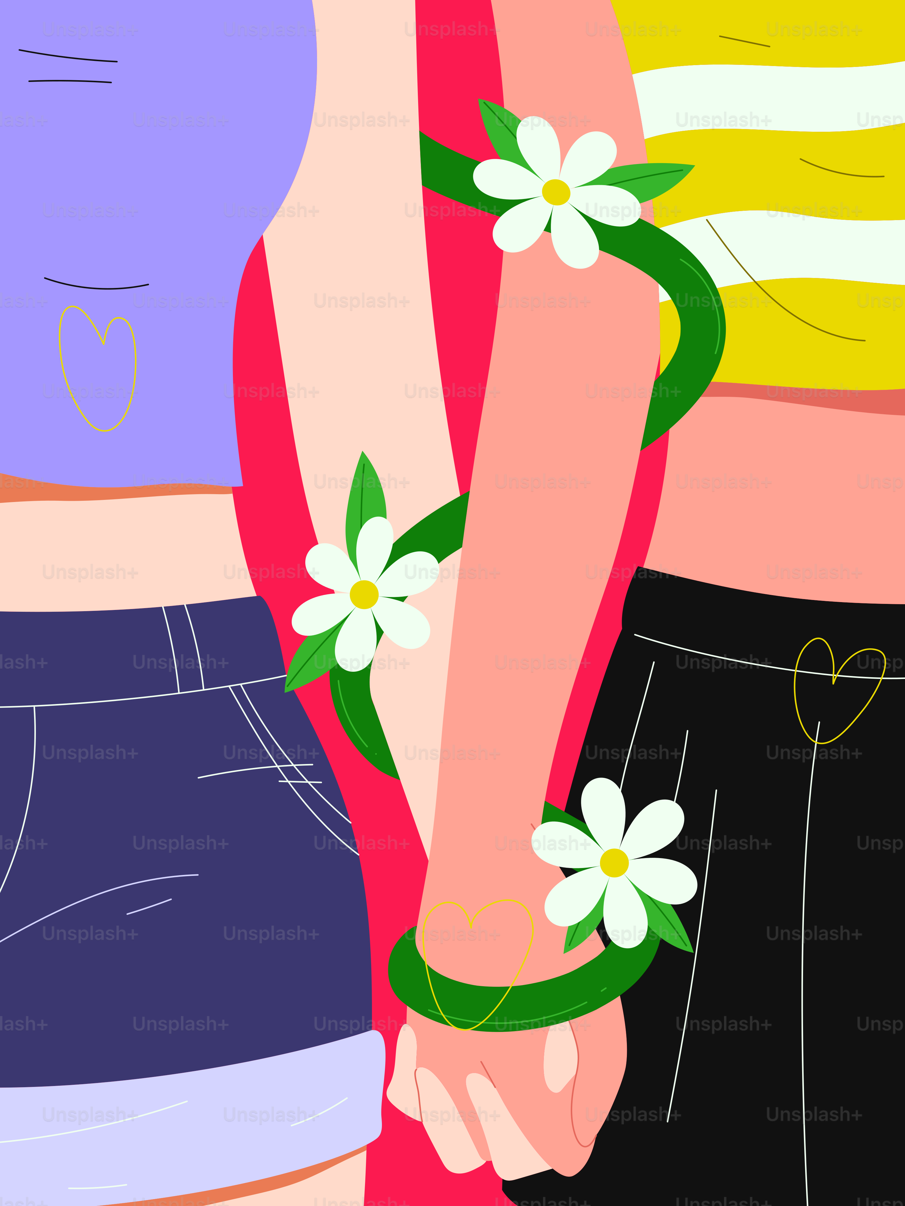 Two people hold hands adorned with flowers.