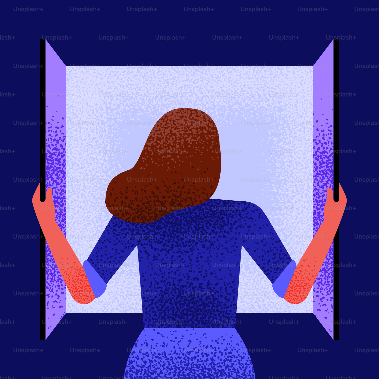 Une femme ouvre une fenêtre sur une vue lumineuse.